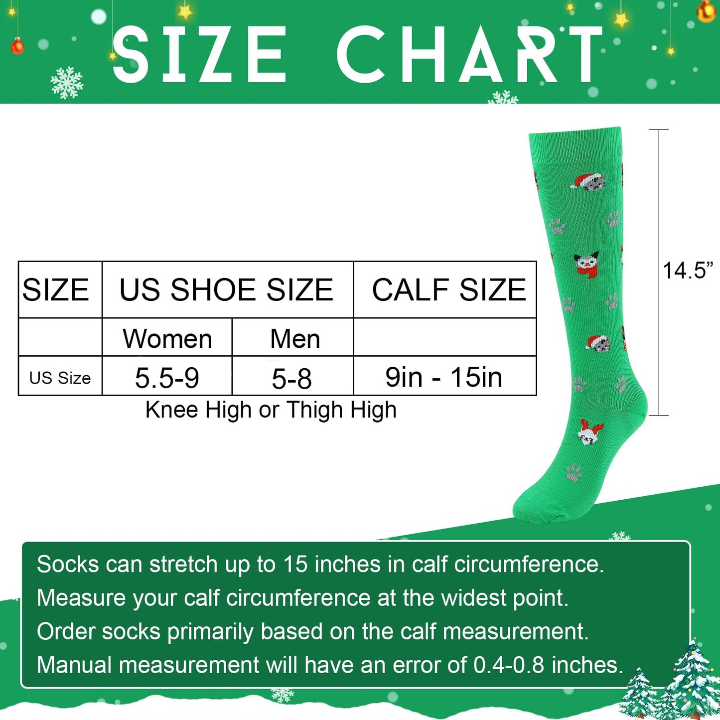 Junely Christmas Compression Socks for Women Knee High Christmas Cat Socks for Running Athletic Nurses Pregnant Women Work Support Travel Flight Sports Gifts Green