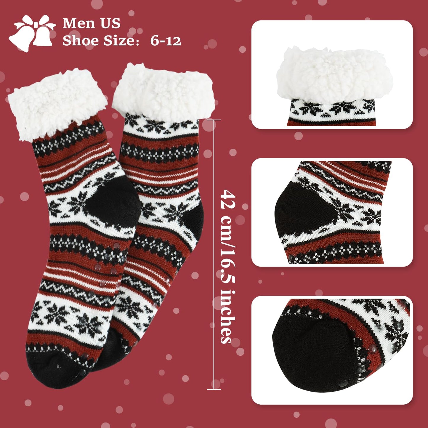 Junely Slipper Socks for Men with Grippers Fuzzy Cozy Fluffy Non Slip Warm Winter Thick Comfy Soft Fleece Cabin Socks Christmas Gifts Snowflake Black