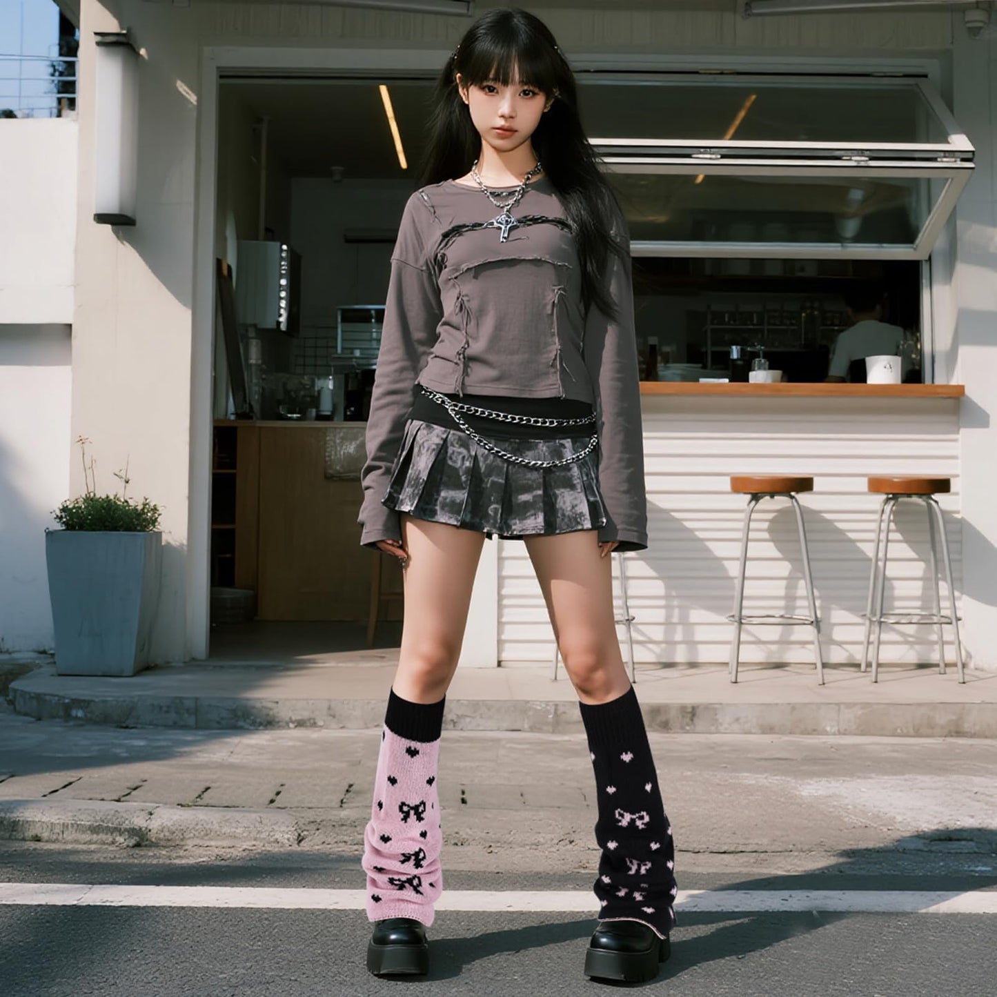 Junely Leg Warmers for Women Winter Kawaii Leg Warmer Cute Legwarmers with Butterfly Bow Japanese Socks Goth Emo Lolita Gyaru Gothic Harajuku Accessories Pink Black