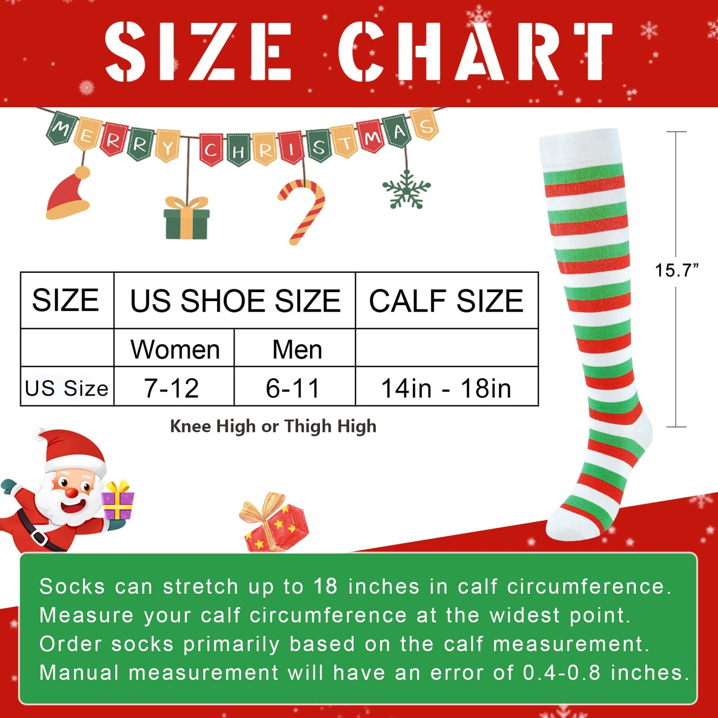 Junely Christmas Compression Socks for Women Knee High Striped Socks for Running Athletic Nurses Pregnant Women Work Support Travel Flight Sports Gifts Red Green