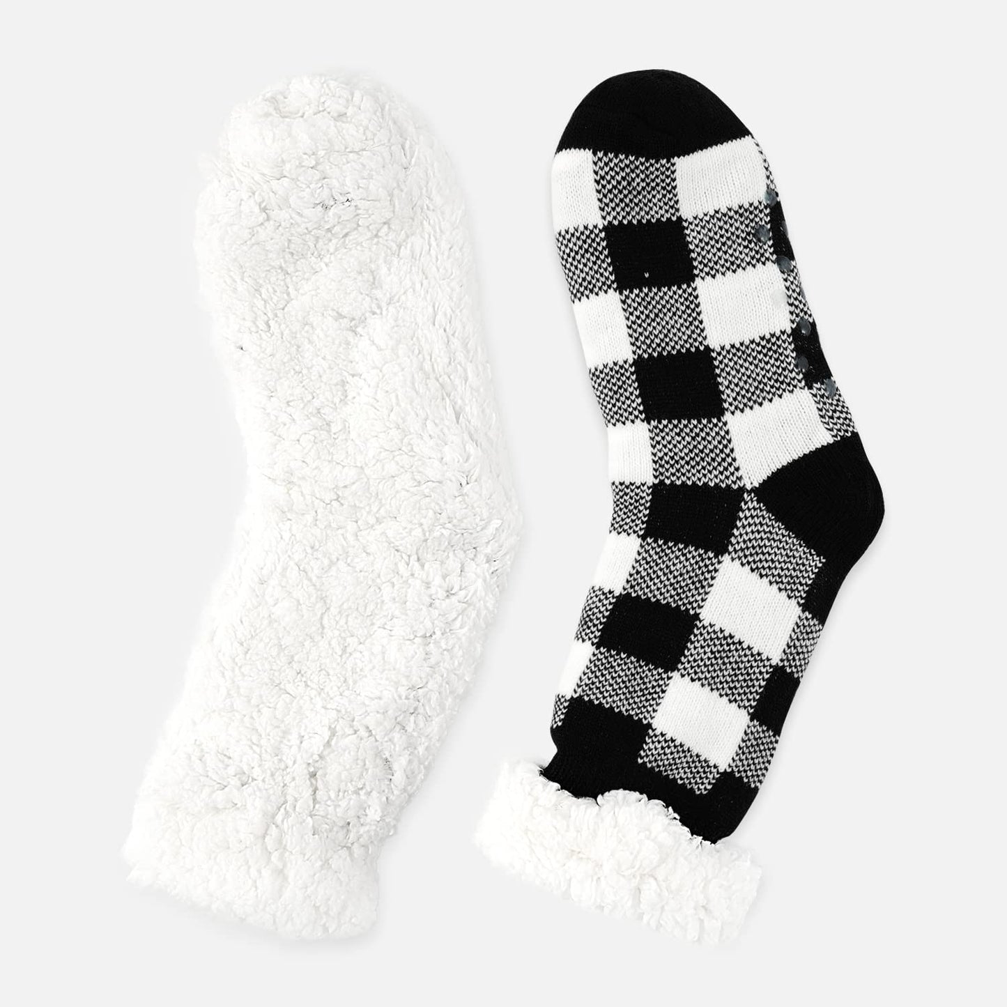 Junely Christmas Slipper Socks with Grippers for Women Non Slip Fuzzy Fluffy Cozy Warm Soft Comfy Thick Fleece Cabin Socks Black and White Buffalo Plaid