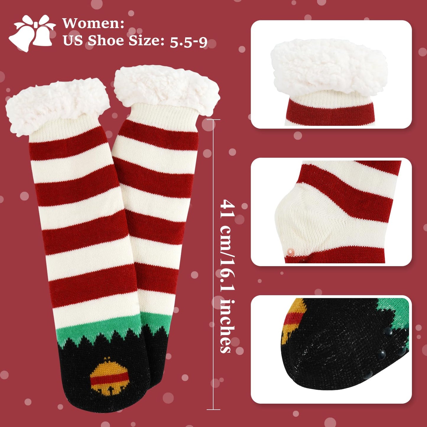 Junely Christmas Slipper Socks with Grips for Women Fuzzy Cozy Fluffy Non Slip Warm Winter Thick Comfy Soft Fleece Cabin Socks Red and White Striped