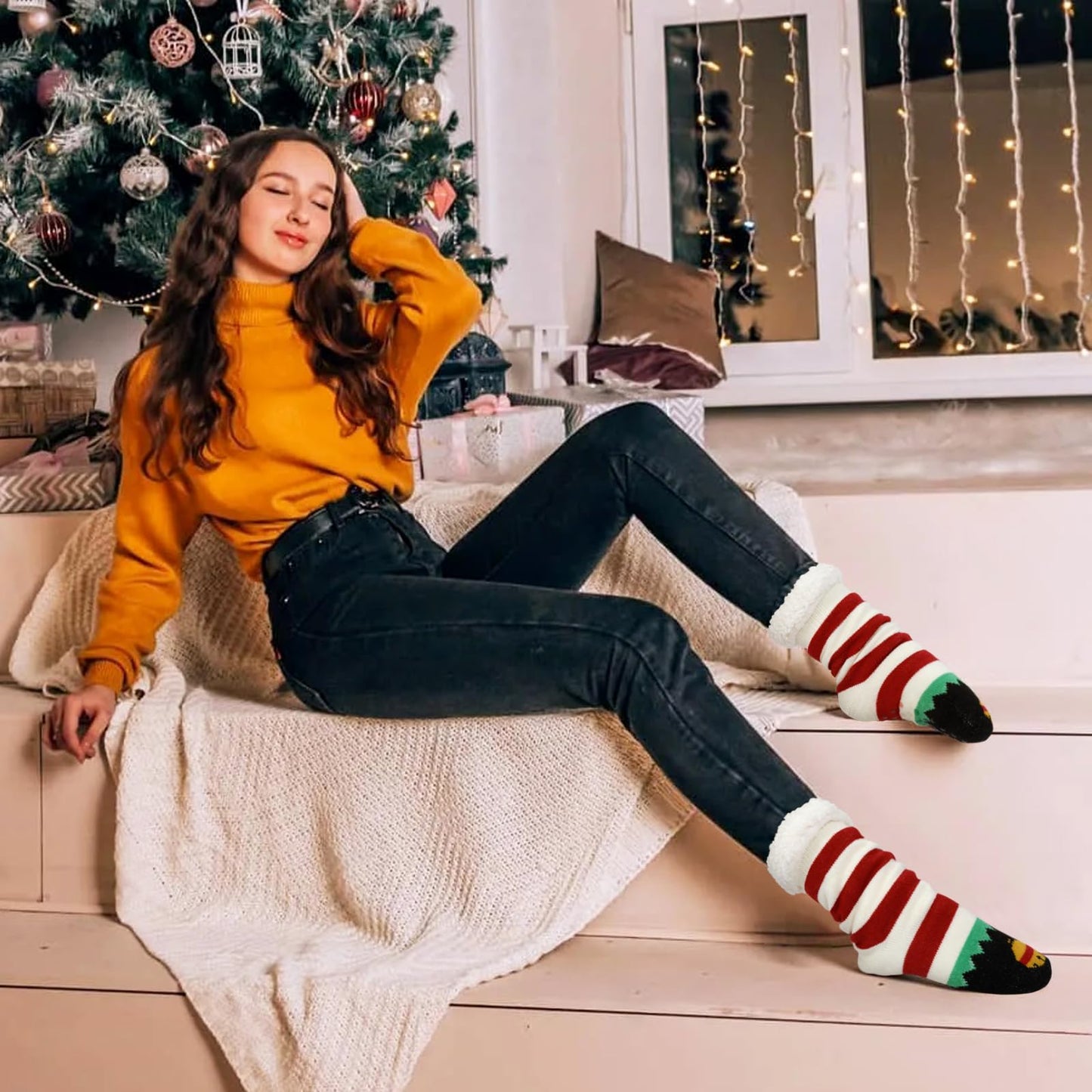 Junely Christmas Slipper Socks with Grips for Women Fuzzy Cozy Fluffy Non Slip Warm Winter Thick Comfy Soft Fleece Cabin Socks Red and White Striped
