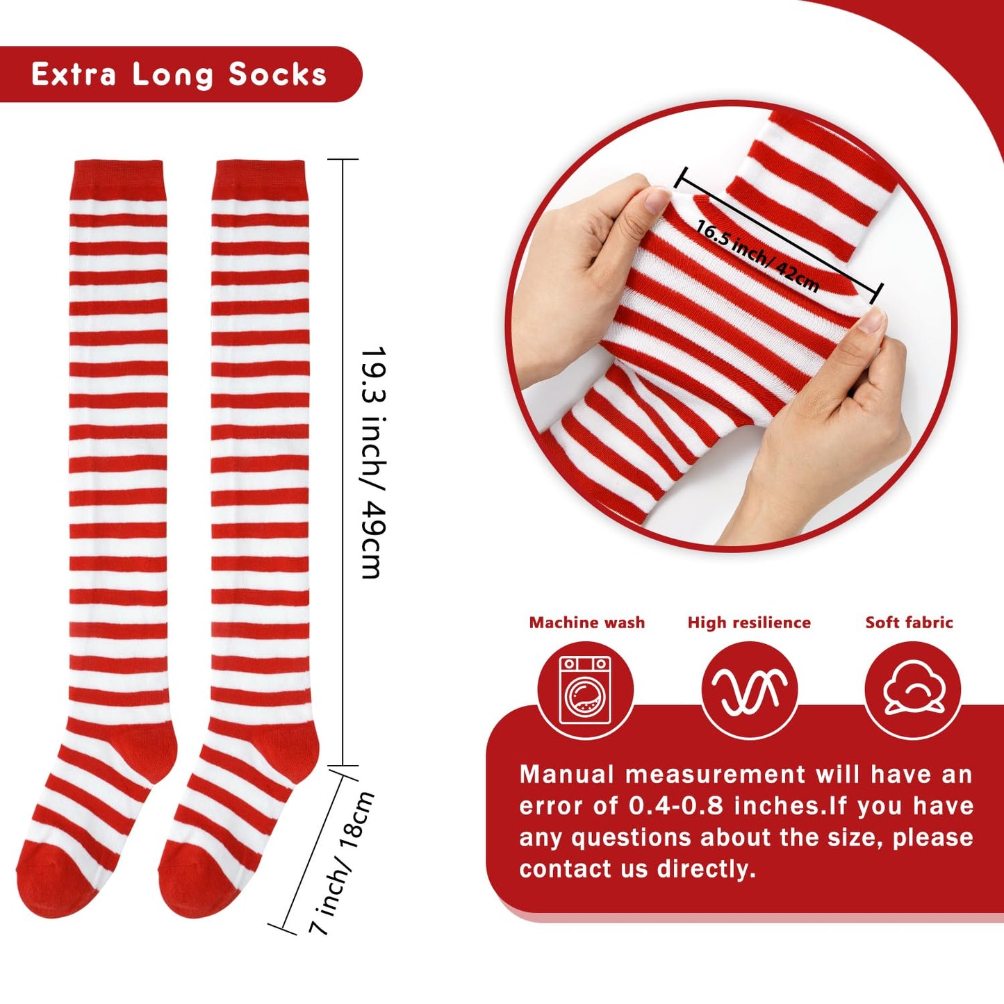 Junely Thigh High Socks and Gloves Red and White Striped Fingerless Gloves and Stockings Set Over the Knee Extra Long Halloween Christmas Cosplay Costume Accessories