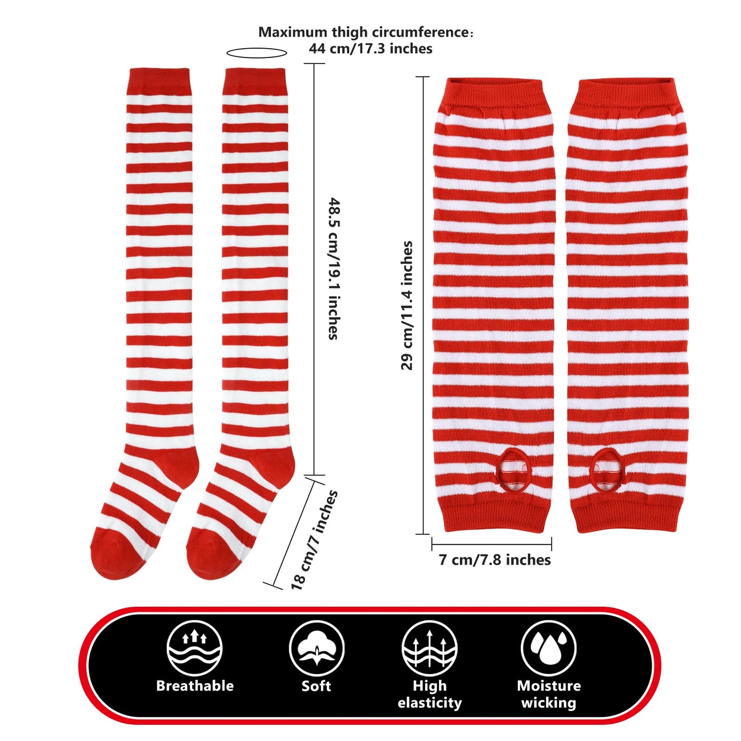 Junely Tutu for Women Adults Red and White Striped Thigh High Socks Fingerless Gloves Halloween Costumes Accessories