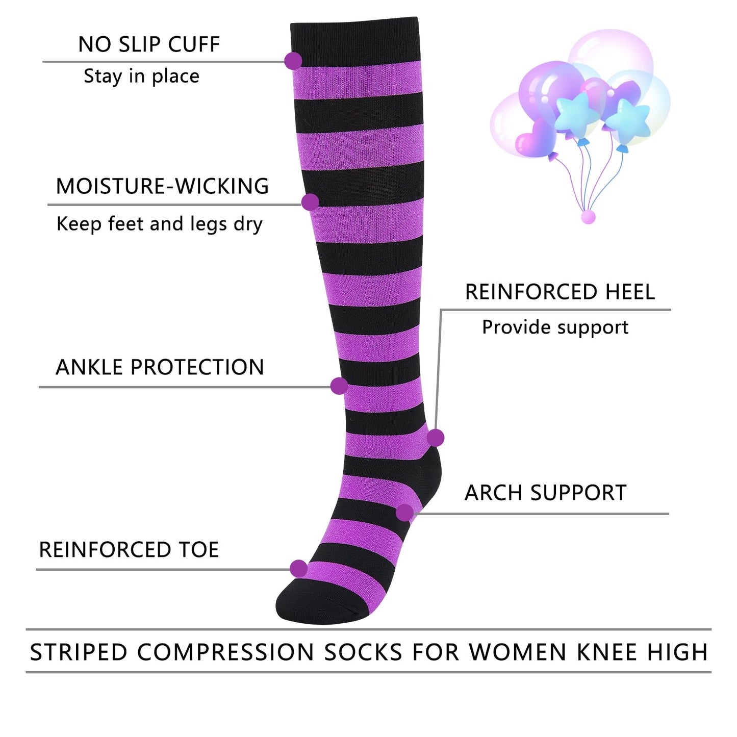 Junely Compression Socks for Women Striped Knee High Stockings for Halloween Running Athletic Nurses Pregnant Women Work Support Travel Flight Sports Gifts Black