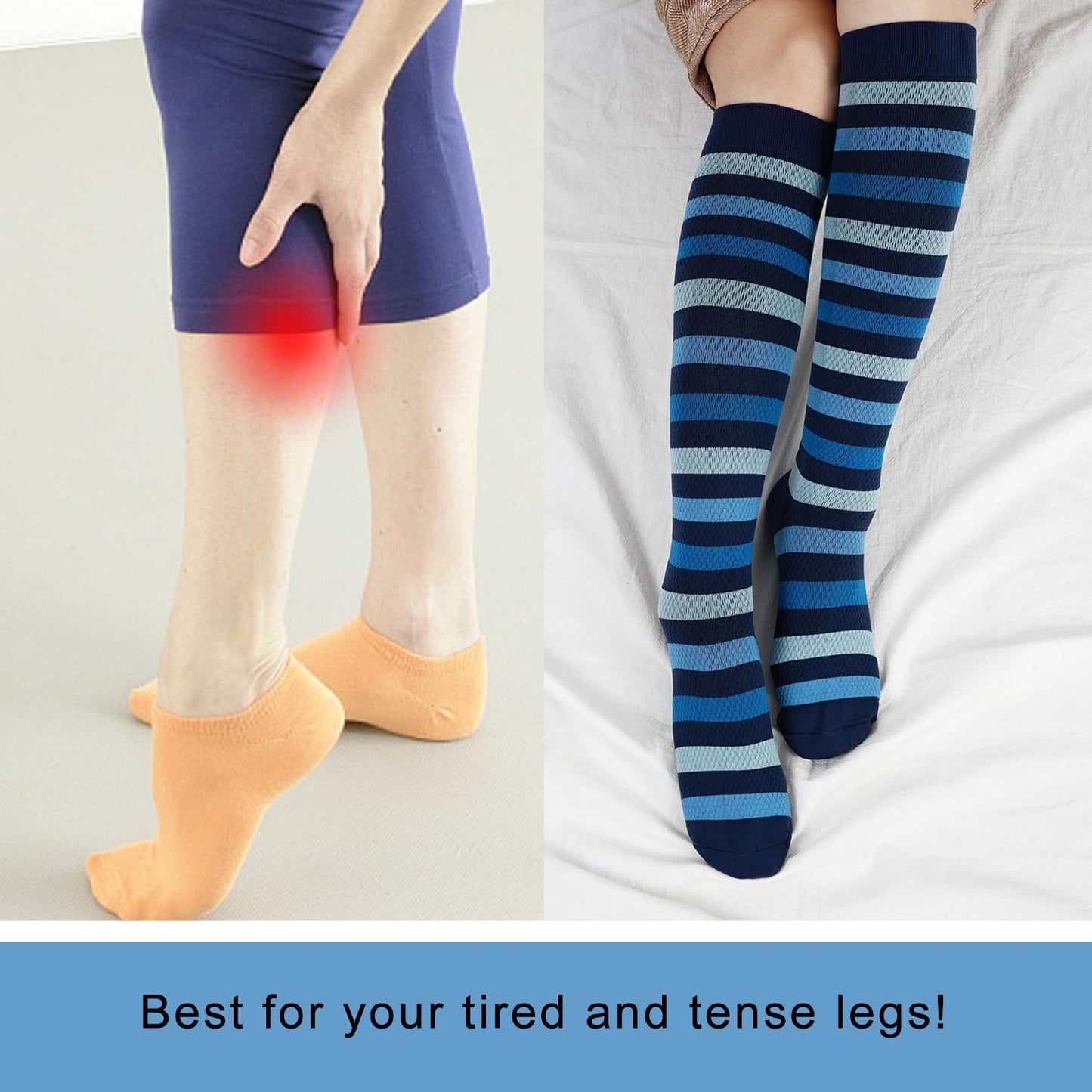 Junely Compression Socks for Women 20-30 mmhg Striped Knee High Stockings for Running Athletic Nurses Pregnant Women Work Support Travel Flight Sports Blue