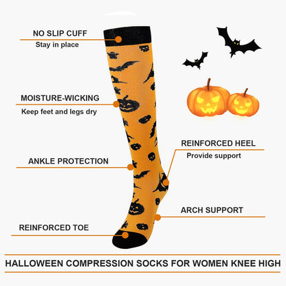Junely Halloween Compression Socks for Women Witch Knee High Stockings for Running Athletic Nurses Pregnant Women Work Support Travel Flight Sports Gifts Orange