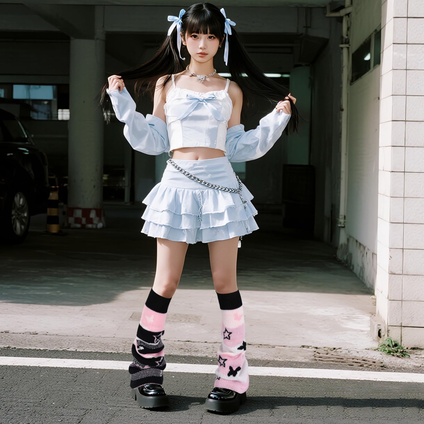 Junely Leg Warmers for Women Winter Kawaii Leg Warmer Cute Legwarmers with Butterfly Bow Japanese Socks Goth Emo Lolita Gyaru Gothic Harajuku Accessories Pink Black