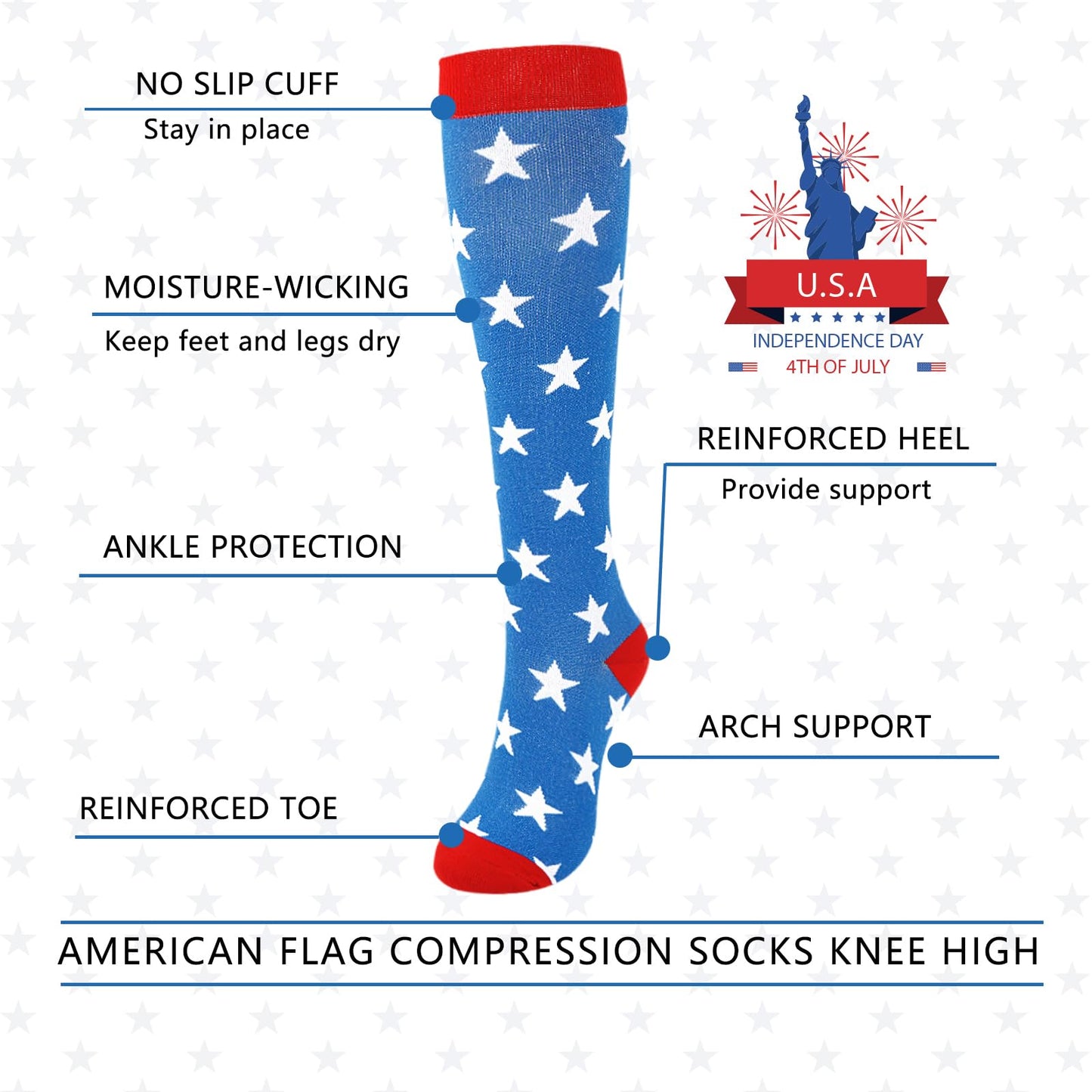 Junely American flag Compression Socks for Women 20-30 mmhg Knee High Patriotic Socks for Running Athletic Nurses Pregnant Women Work Support Travel Flight Sports Blue