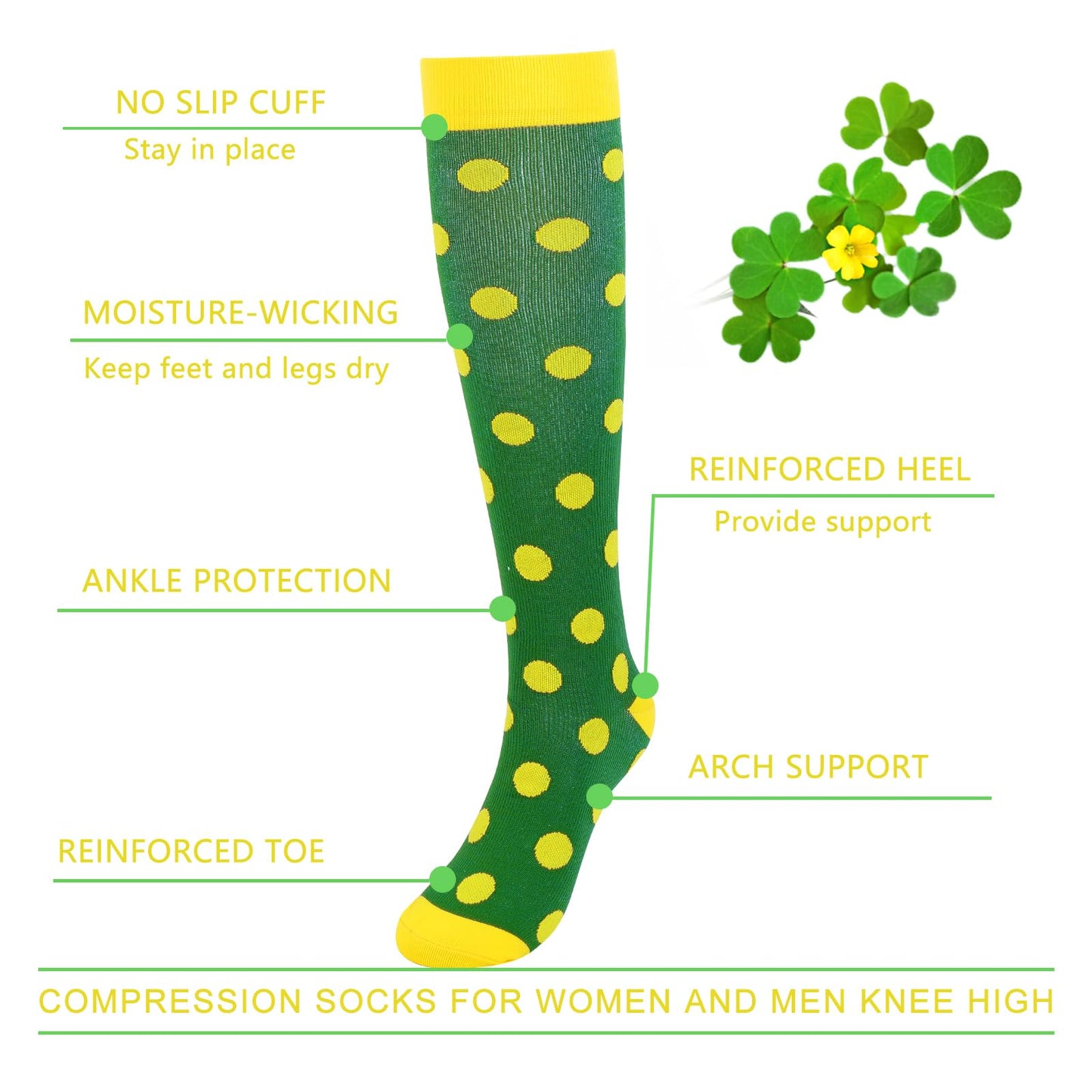 Junely St Patricks Day Compression Socks for Women 20-30 mmhg Polka Dot Knee High Socks for Running Athletic Nurses Pregnant Women Work Support Travel Flight Sports Irish Gifts Green