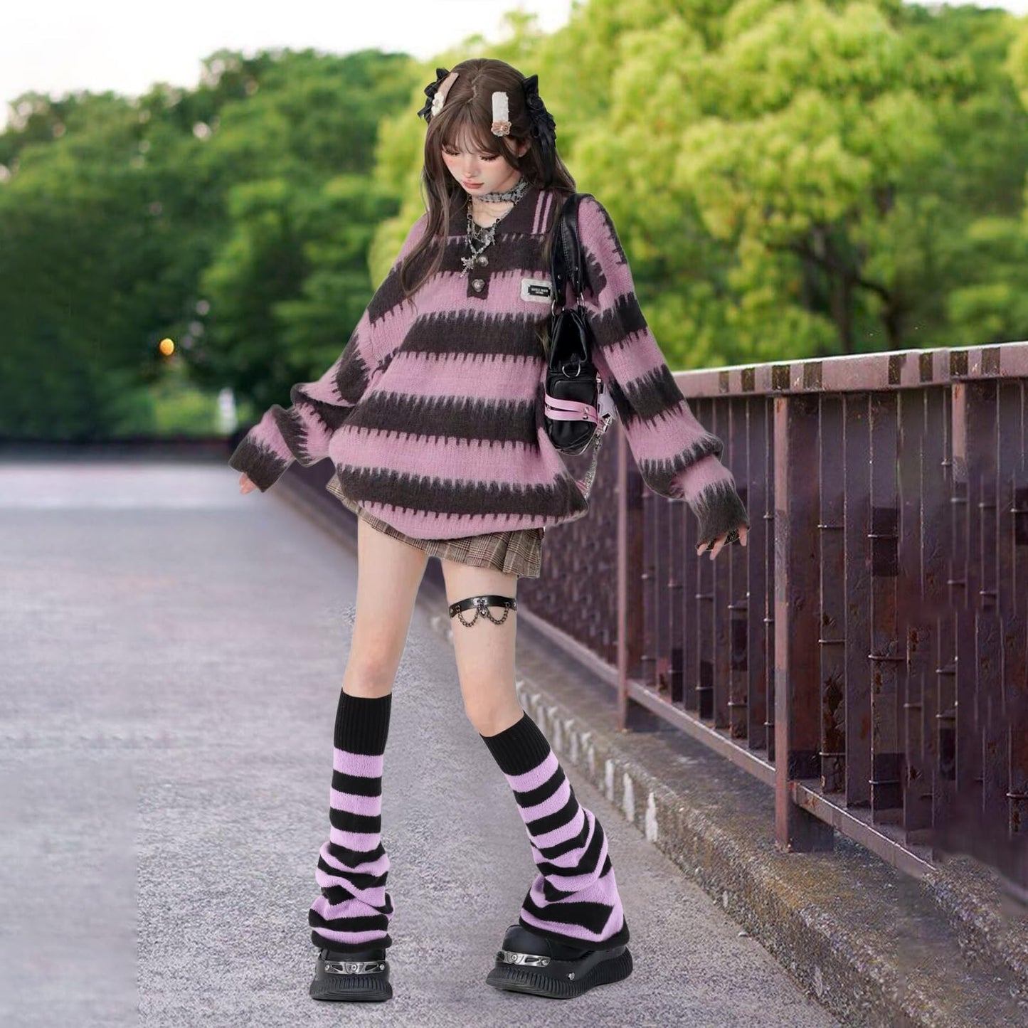 Junely Leg Warmers for Women Winter Kawaii Leg Warmer Cute Legwarmers Japanese Socks Halloween Goth Emo Lolita Gyaru Gothic Harajuku Accessories Black Purple