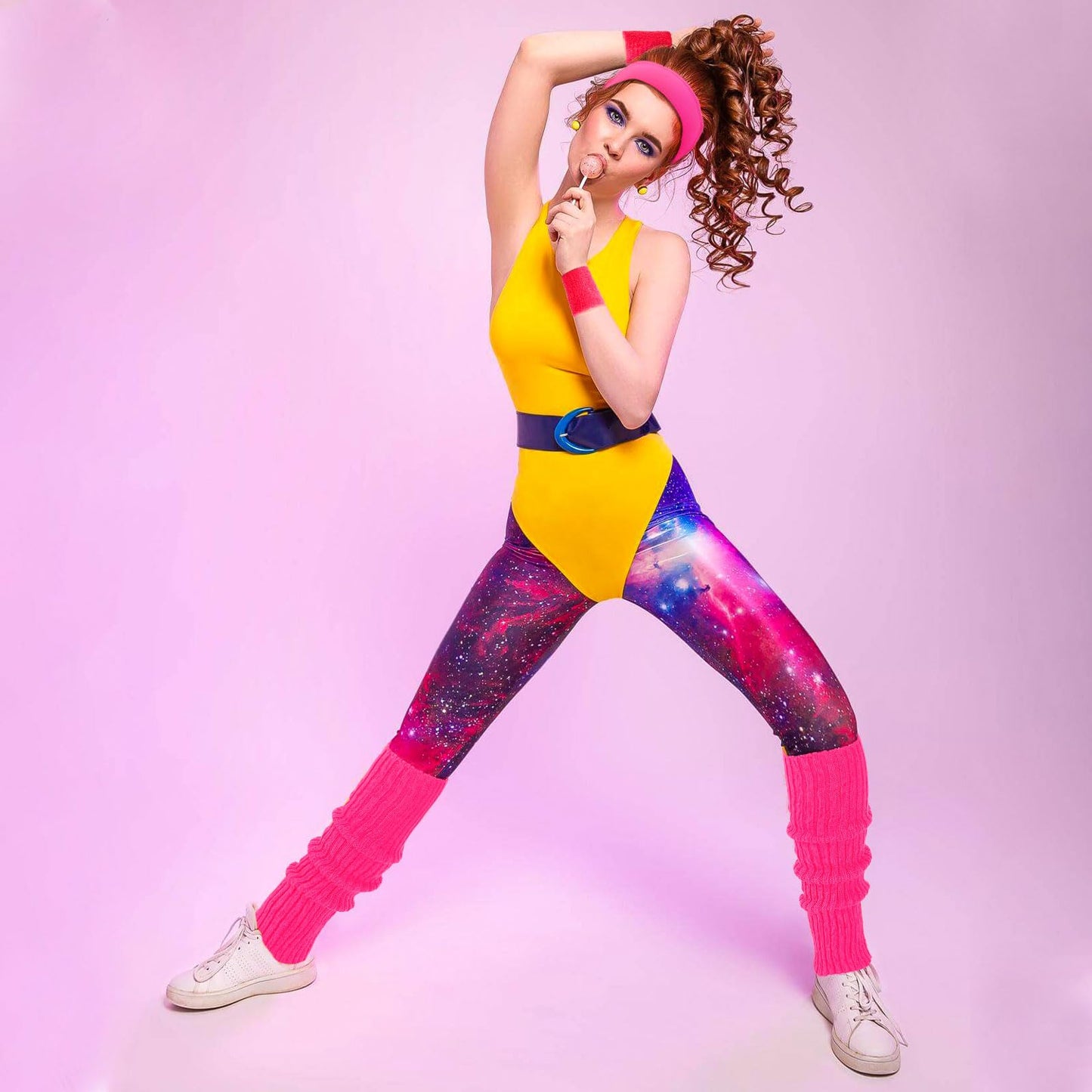 Junely 80s Accessories for Women Neon Leg Warmers Headband and Wristbands Set Knit Legwarmers for Ballet Dance Figure Skating Ice Skating Boot Pink