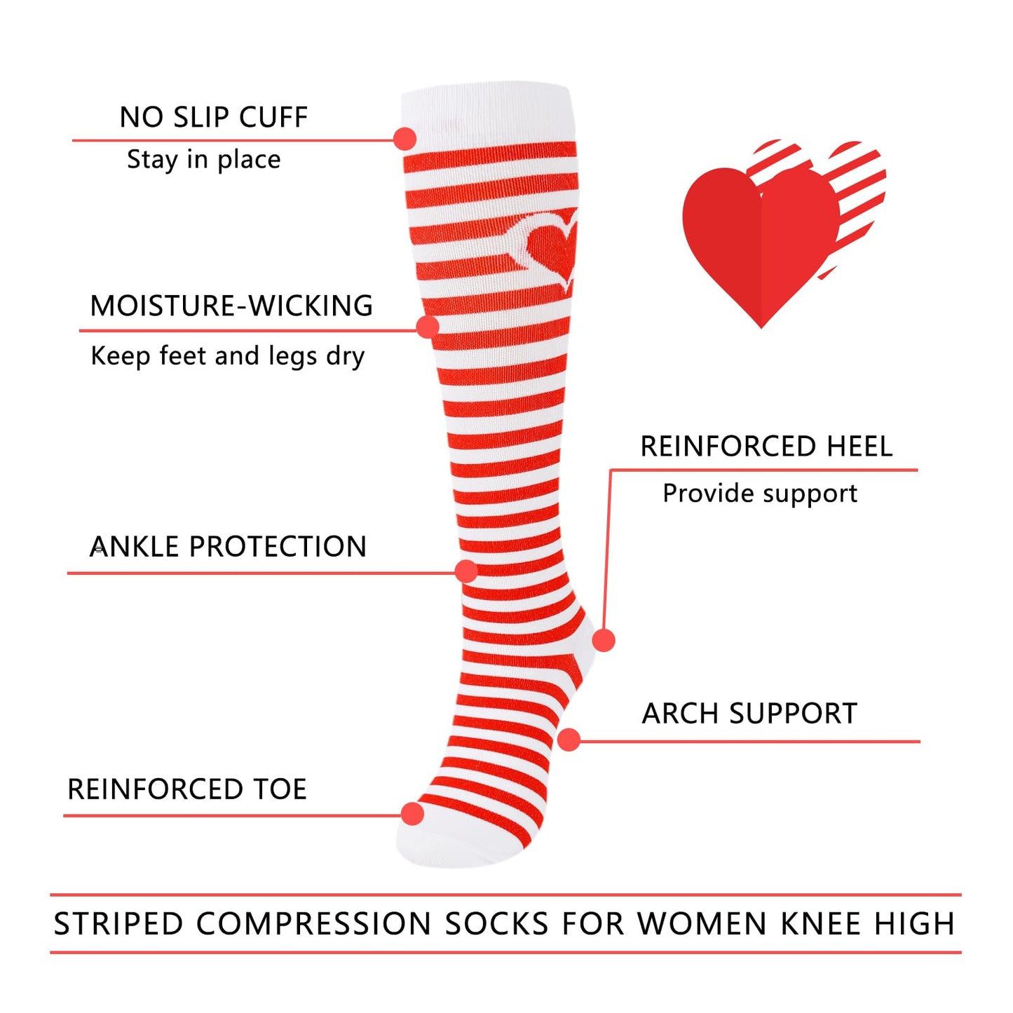 Junely Compression Socks for Women Heart Striped Knee High Stockings for Valentines Day Running Athletic Nurses Pregnant Women Work Support Travel Flight Sports Gifts Red White