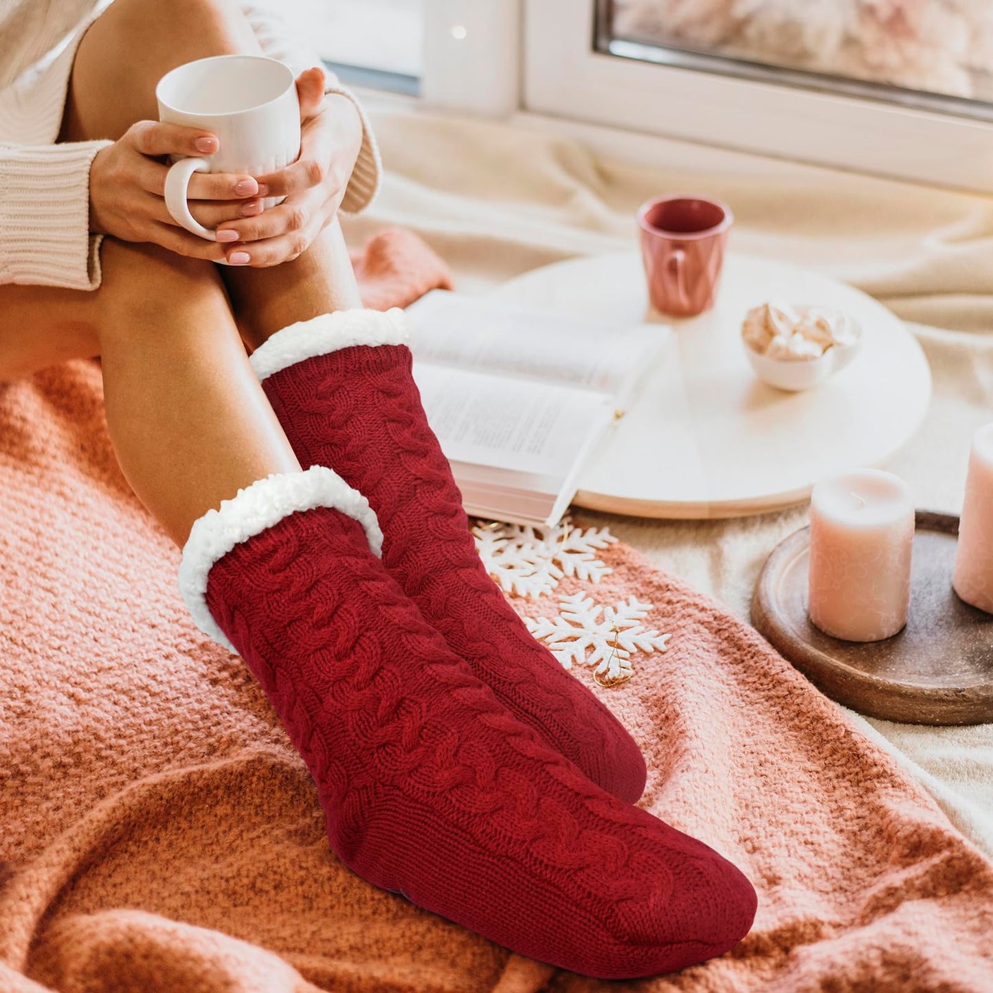 Junely Slipper Socks with Grips for Women Fuzzy Cozy Fluffy Non Slip Warm Winter Thick Comfy Soft Fleece Cabin Socks Red