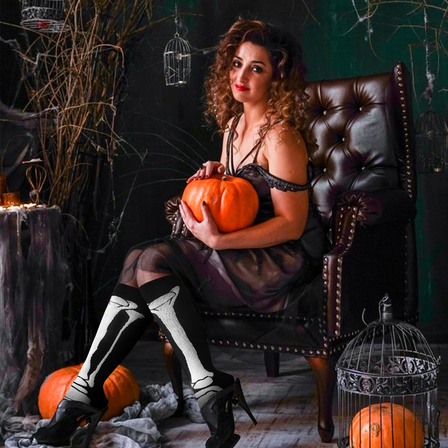 Junely Compression Socks for Women Skeleton Skull Knee High Stockings for Halloween Goth Running Athletic Nurses Pregnant Women Work Support Travel Flight Sports Gifts Black White