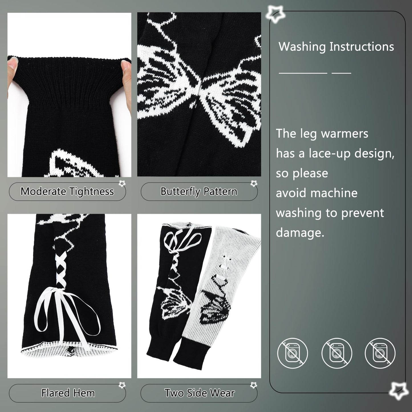 Junely Leg Warmers Kawaii Leg Warmer Cute Legwarmers Reversible Japanese Socks Goth Emo Lolita Gyaru Harajuku Accessories Black