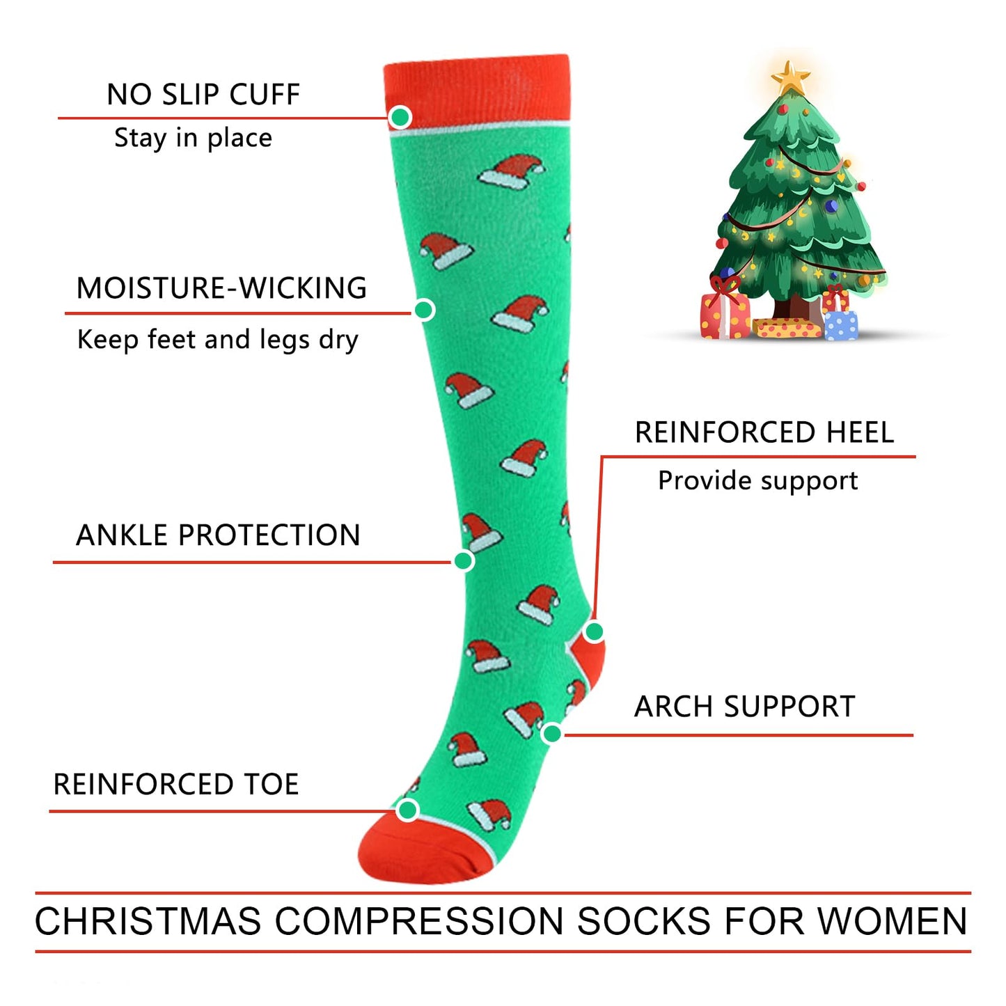 Junely Christmas Compression Socks for Women Knee High Stockings for Running Athletic Nurses Pregnant Women Work Support Travel Flight Sports Gifts Red Green Black