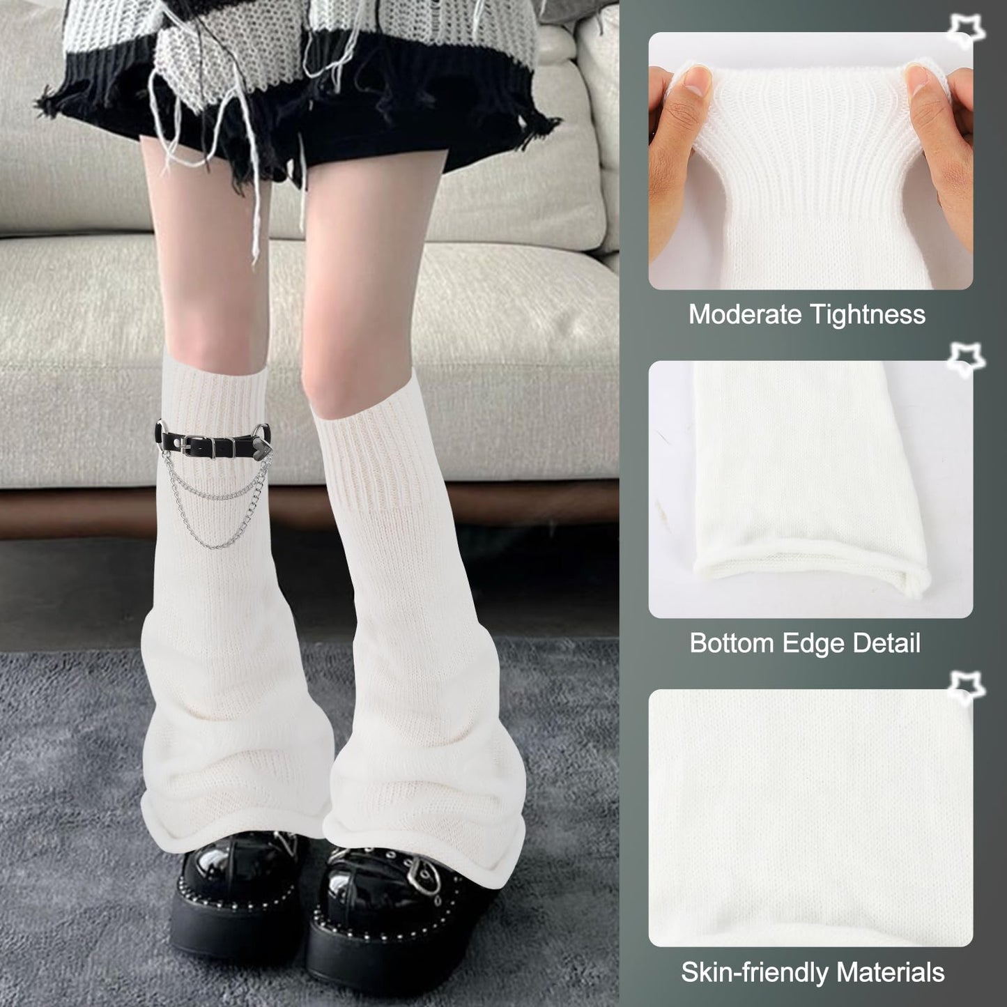 Junely Leg Warmers Kawaii Leg Warmer Cute Legwarmers with Garter Belt Adjustable Japanese Socks Halloween Emo Lolita Gyaru Harajuku Accessories White