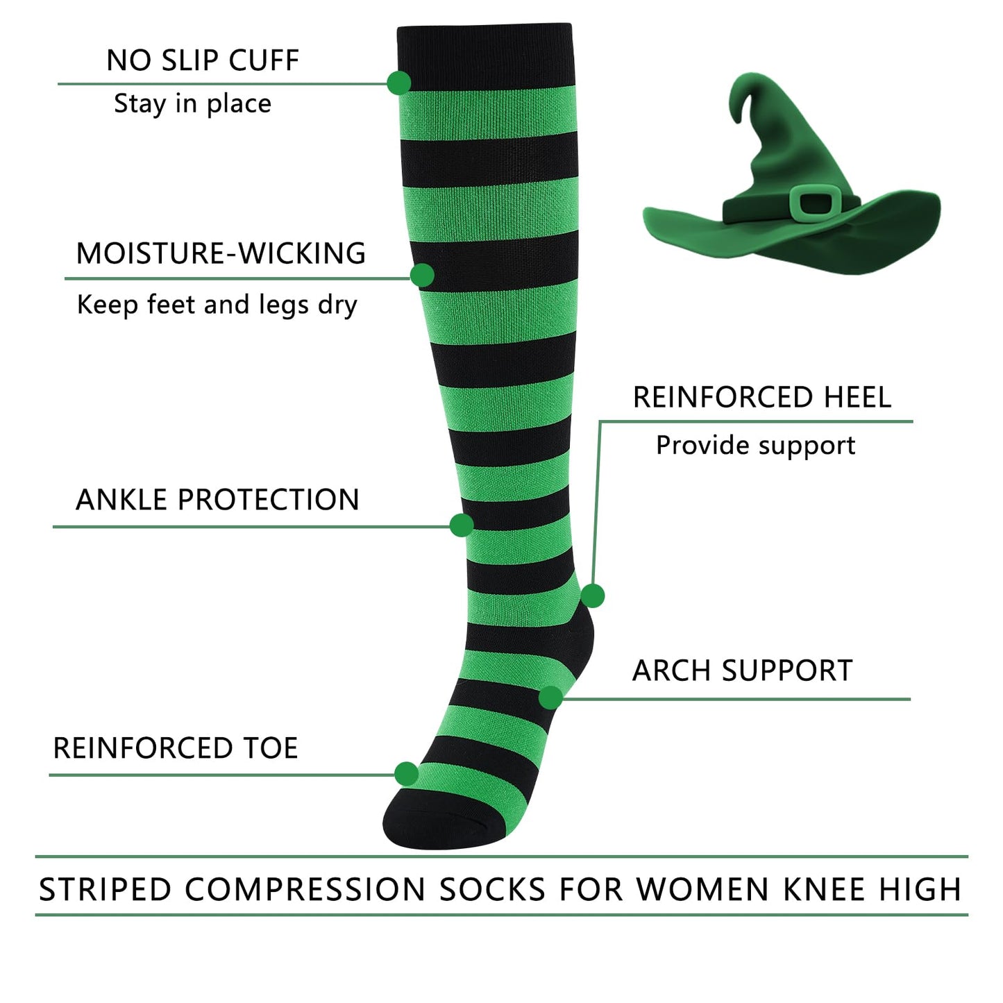 Junely Compression Socks for Women Striped Knee High Stockings for Halloween Running Athletic Nurses Pregnant Women Work Support Travel Flight Sports Gifts Green and Black
