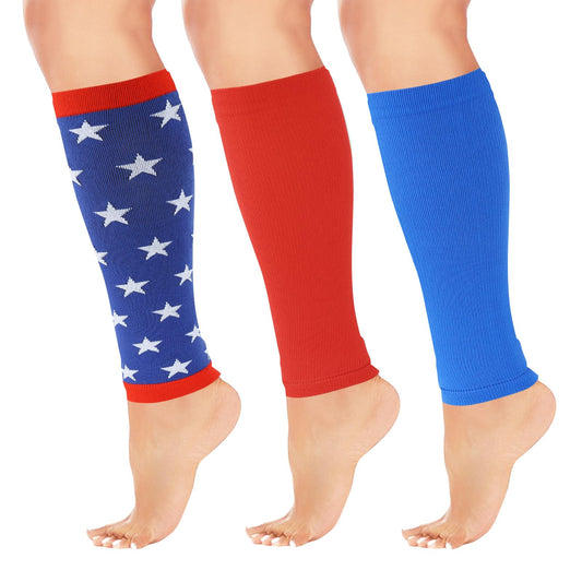 Junely 3 Pairs American Flag Calf Compression Sleeve for Men and Women Patriotic Leg Compression Sleeve for 4th of July Sports Running Cycling Red White Blue