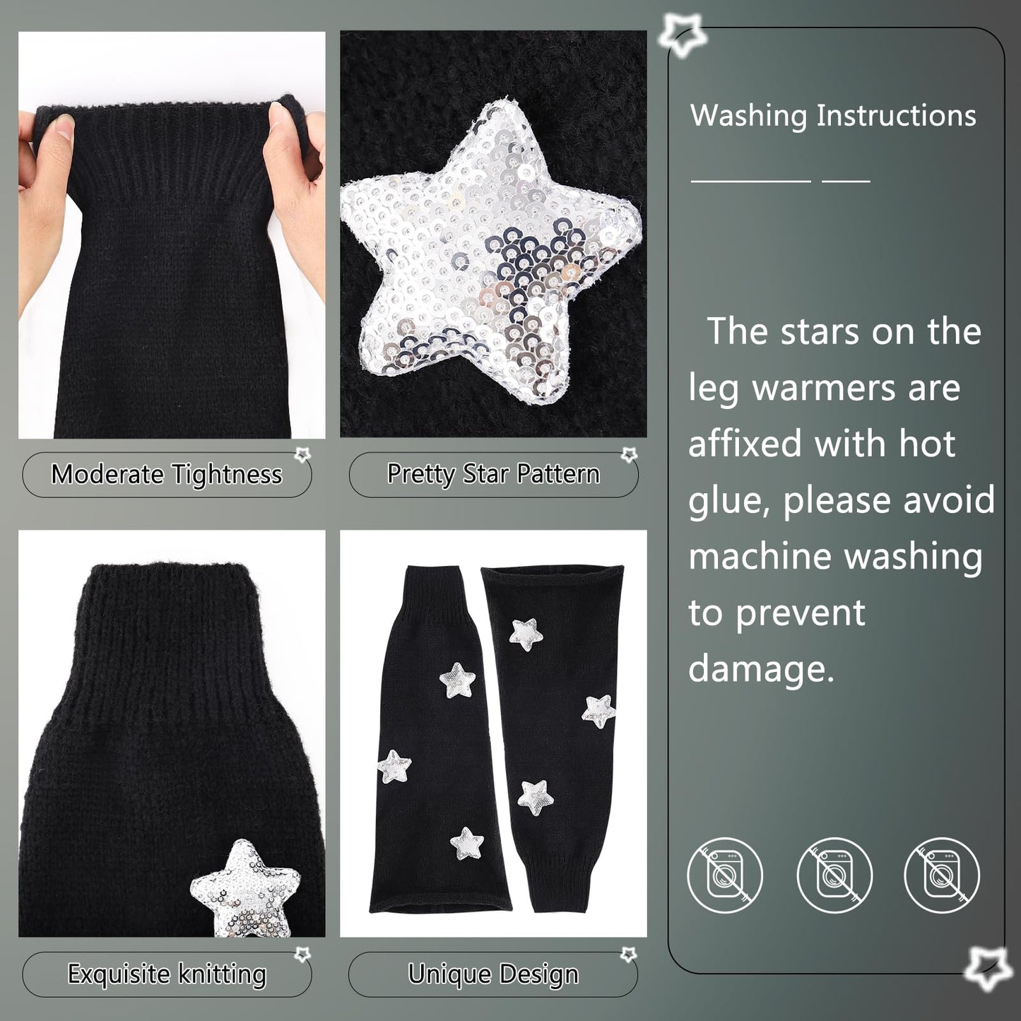 Junely Leg Warmers Kawaii Leg Warmer Cute Legwarmers with Sequin Star Japanese Socks Halloween Emo Lolita Gyaru Harajuku Accessories Black