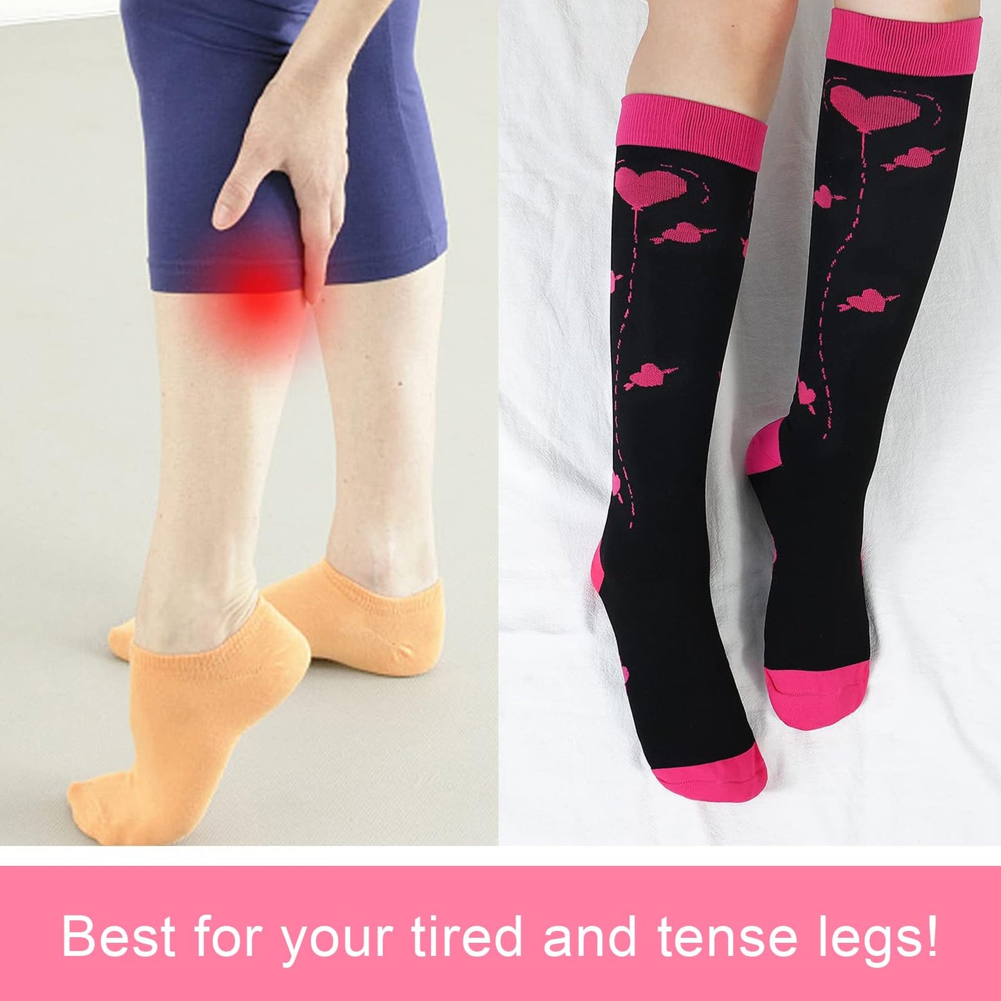Junely Valentines Day Compression Socks for Women 20-30 mmhg Knee High Heart Socks for Valentine Running Athletic Nurses Pregnant Women Work Support Travel Flight Sports Pink