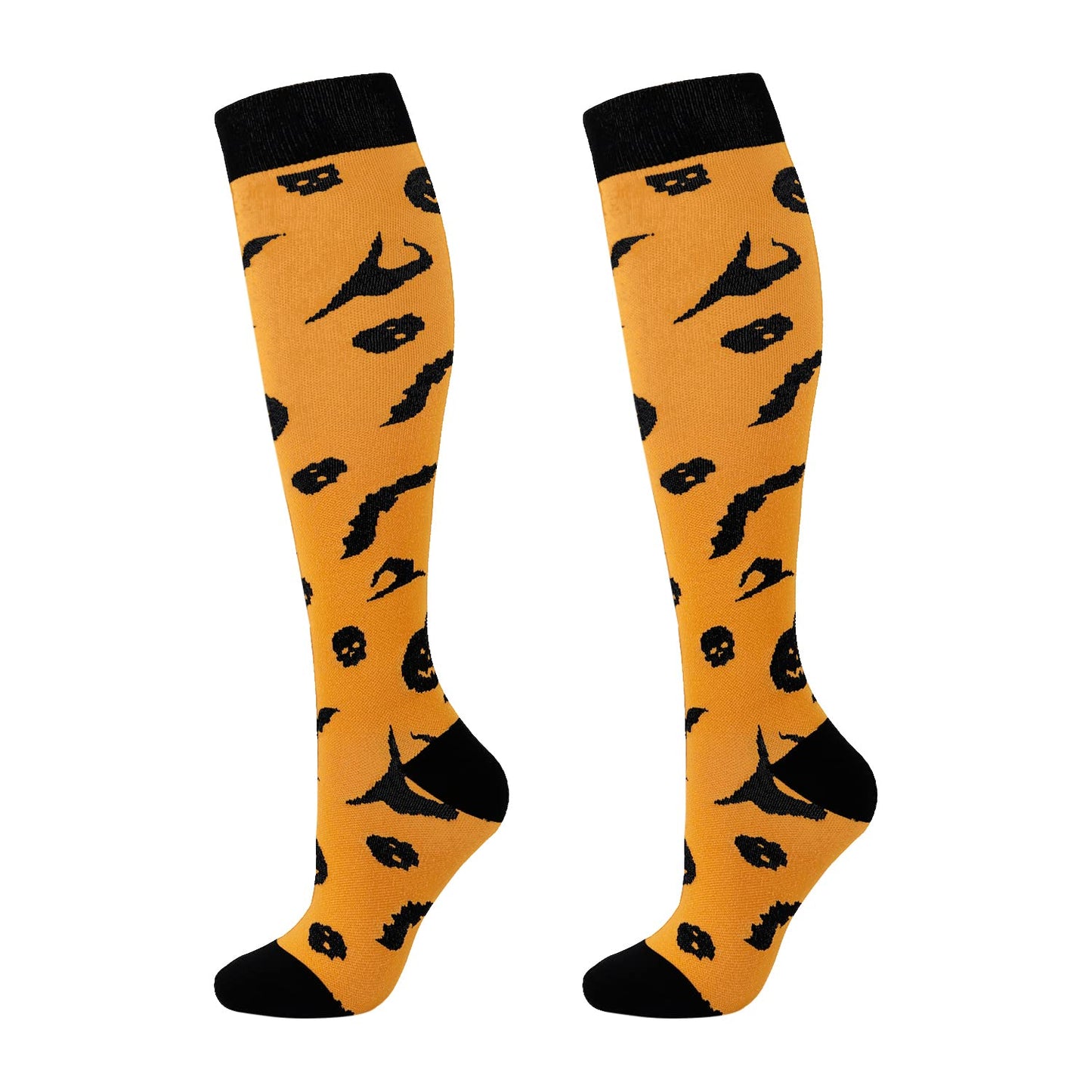 Junely Halloween Compression Socks for Women Witch Knee High Stockings for Running Athletic Nurses Pregnant Women Work Support Travel Flight Sports Gifts Orange