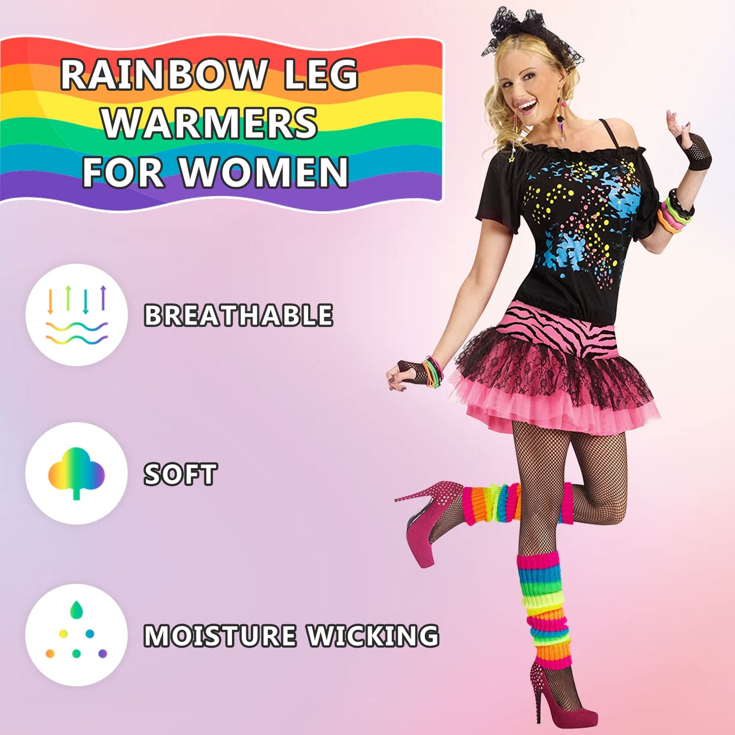 Junely Leg Warmers 80s Leg Warmer Knit Legwarmers Neon for Ballet Dance Figure Skating Ice Skating Boot Rainbow