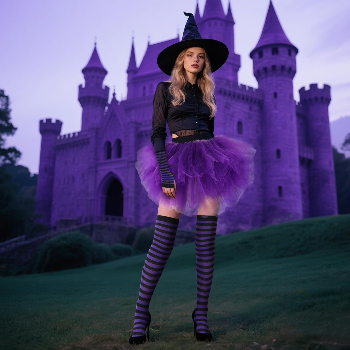 Junely Tutu for Women Adults Striped Thigh High Socks Fingerless Gloves Halloween Costumes Accessories Violet Black