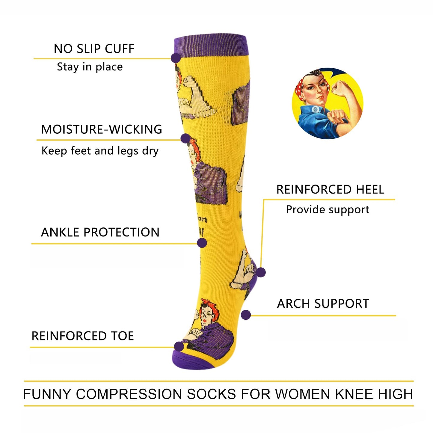 Junely Compression Socks for Women Funny Knee High Stockings for Running Athletic Nurses Pregnant Women Work Support Travel Flight Sports Fun Gifts Yellow