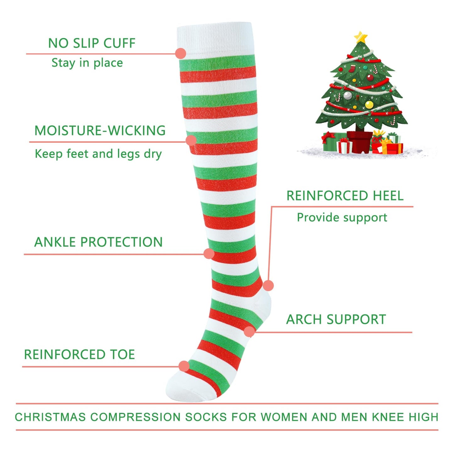 Junely Christmas Compression Socks for Women Knee High Striped Socks for Running Athletic Nurses Pregnant Women Work Support Travel Flight Sports Gifts Red Green