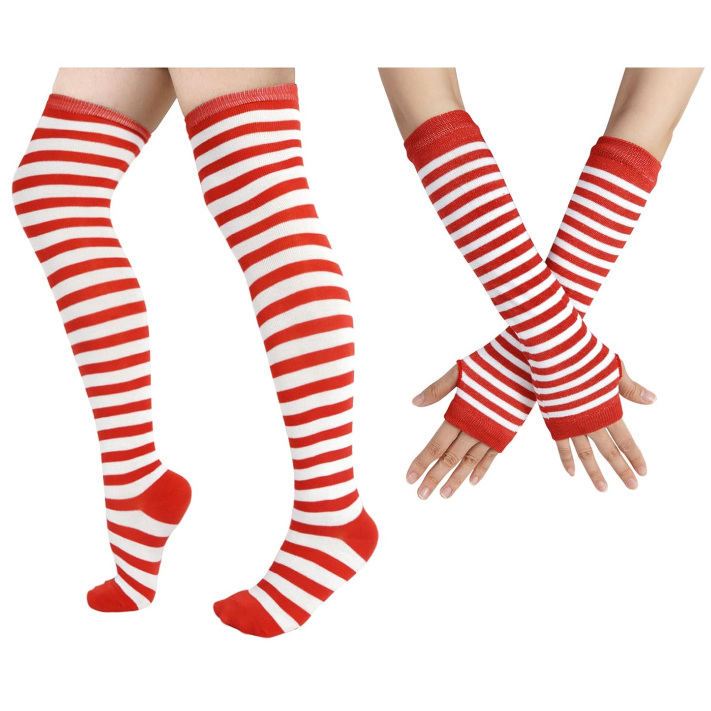 Junely Thigh High Socks and Gloves Red and White Striped Fingerless Gloves and Stockings Set Over the Knee Extra Long Halloween Christmas Cosplay Costume Accessories