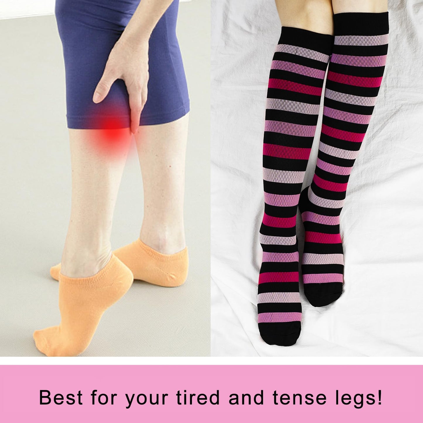 Junely Compression Socks for Women 20-30 mmhg Striped Knee High Stockings for Running Athletic Nurses Pregnant Women Work Support Travel Flight Sports Pink