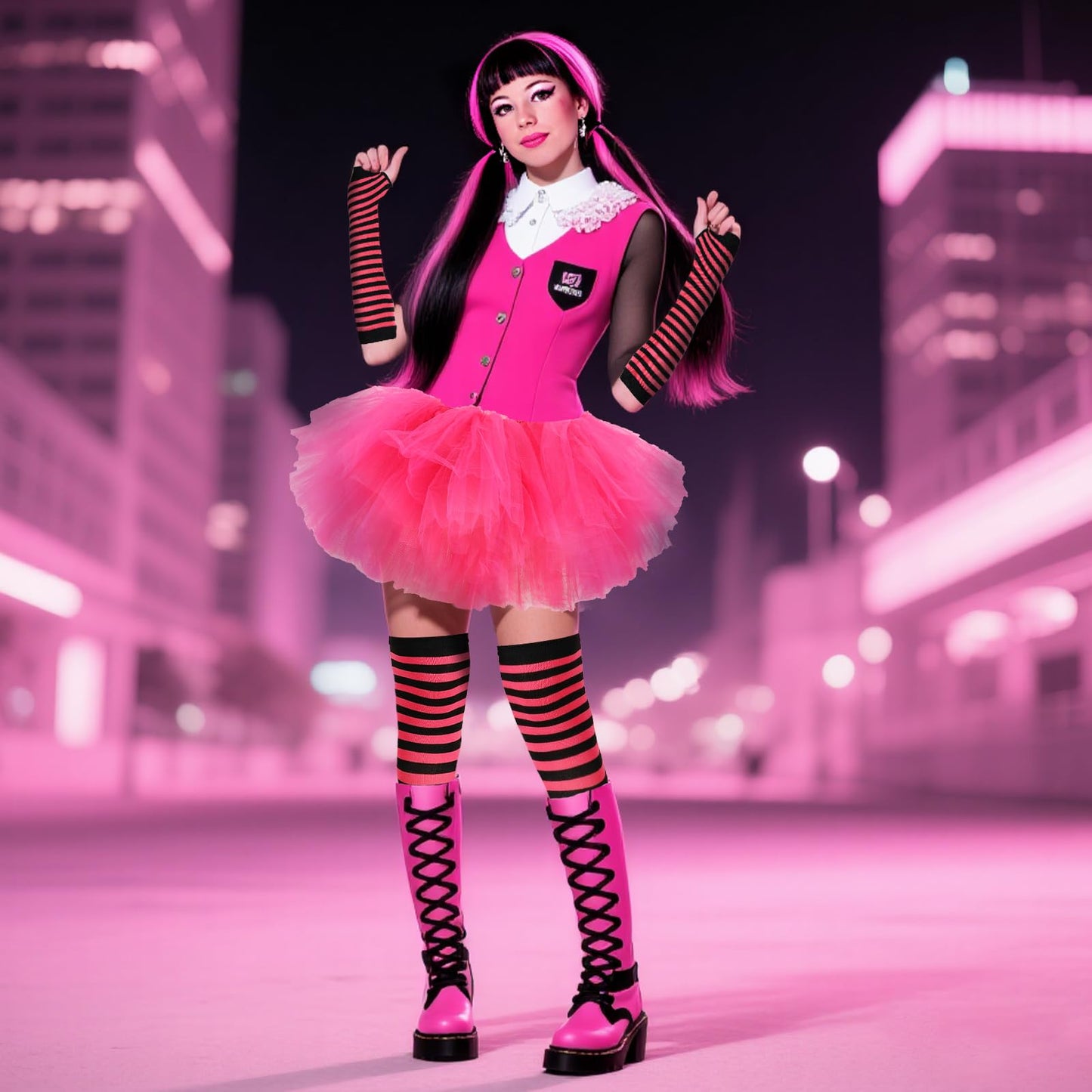 Junely Tutu for Women Adults Striped Thigh High Socks Fingerless Gloves Halloween Costumes Accessories Pink Black