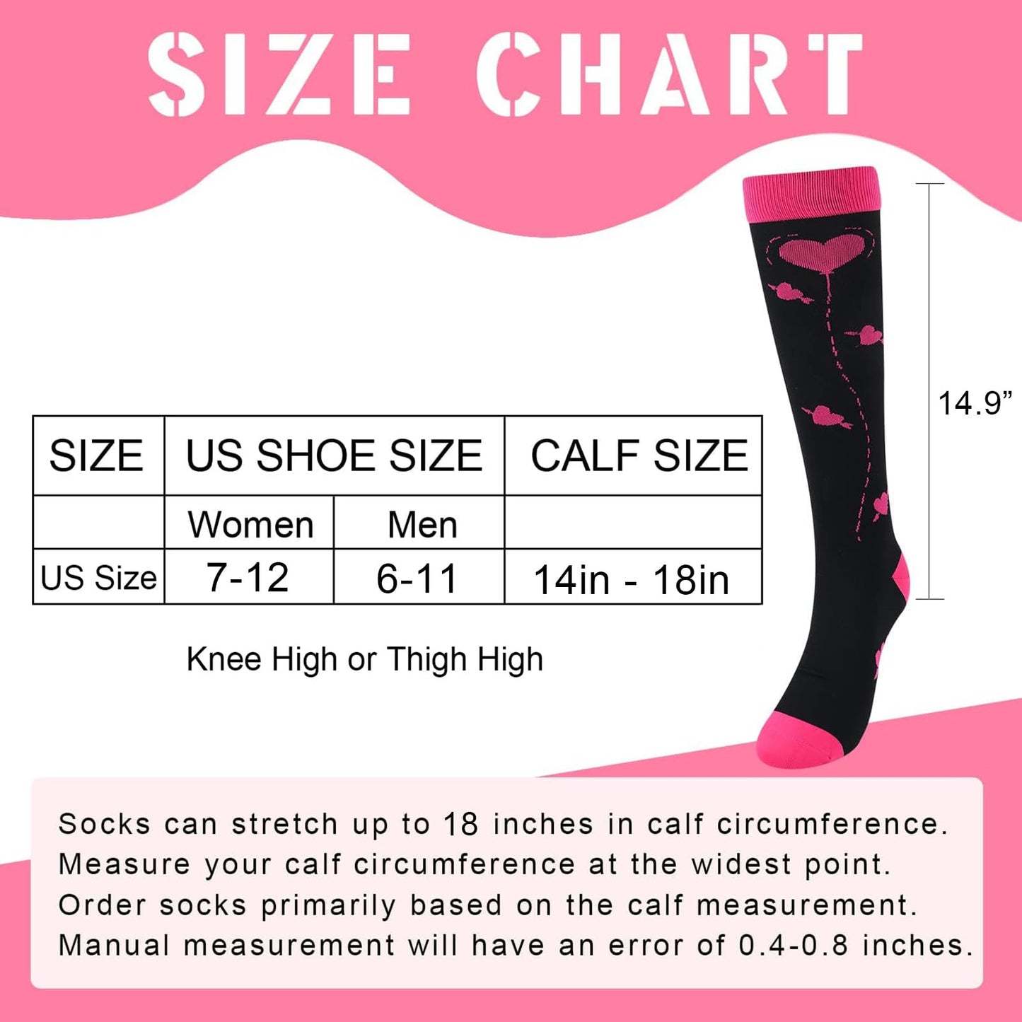 Junely Valentines Day Compression Socks for Women 20-30 mmhg Knee High Heart Socks for Valentine Running Athletic Nurses Pregnant Women Work Support Travel Flight Sports Pink