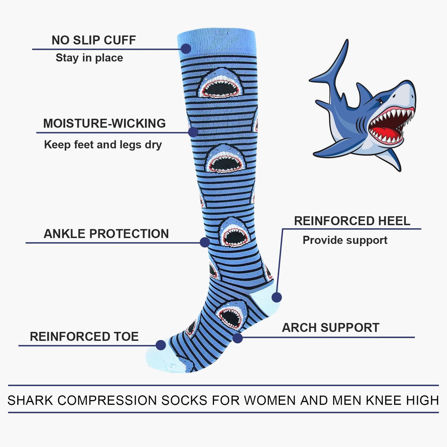 Junely Compression Socks for Women 20-30 mmhg Shark Knee High Stockings for Running Athletic Nurses Pregnant Women Work Support Travel Flight Sports Shark Gifts Blue