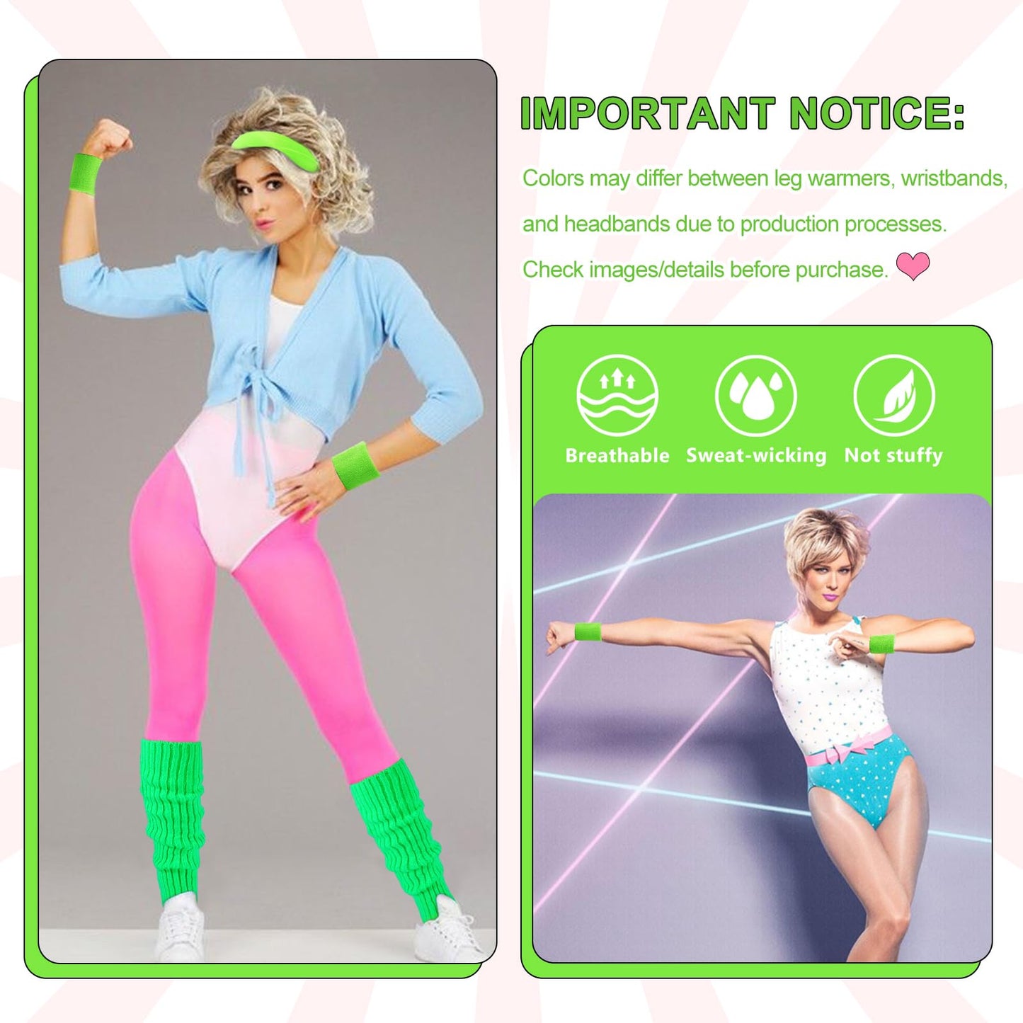 Junely 80s Accessories for Women Neon Leg Warmers Headband and Wristbands Set Knit Legwarmers for Ballet Dance Figure Skating Ice Skating Boot Green