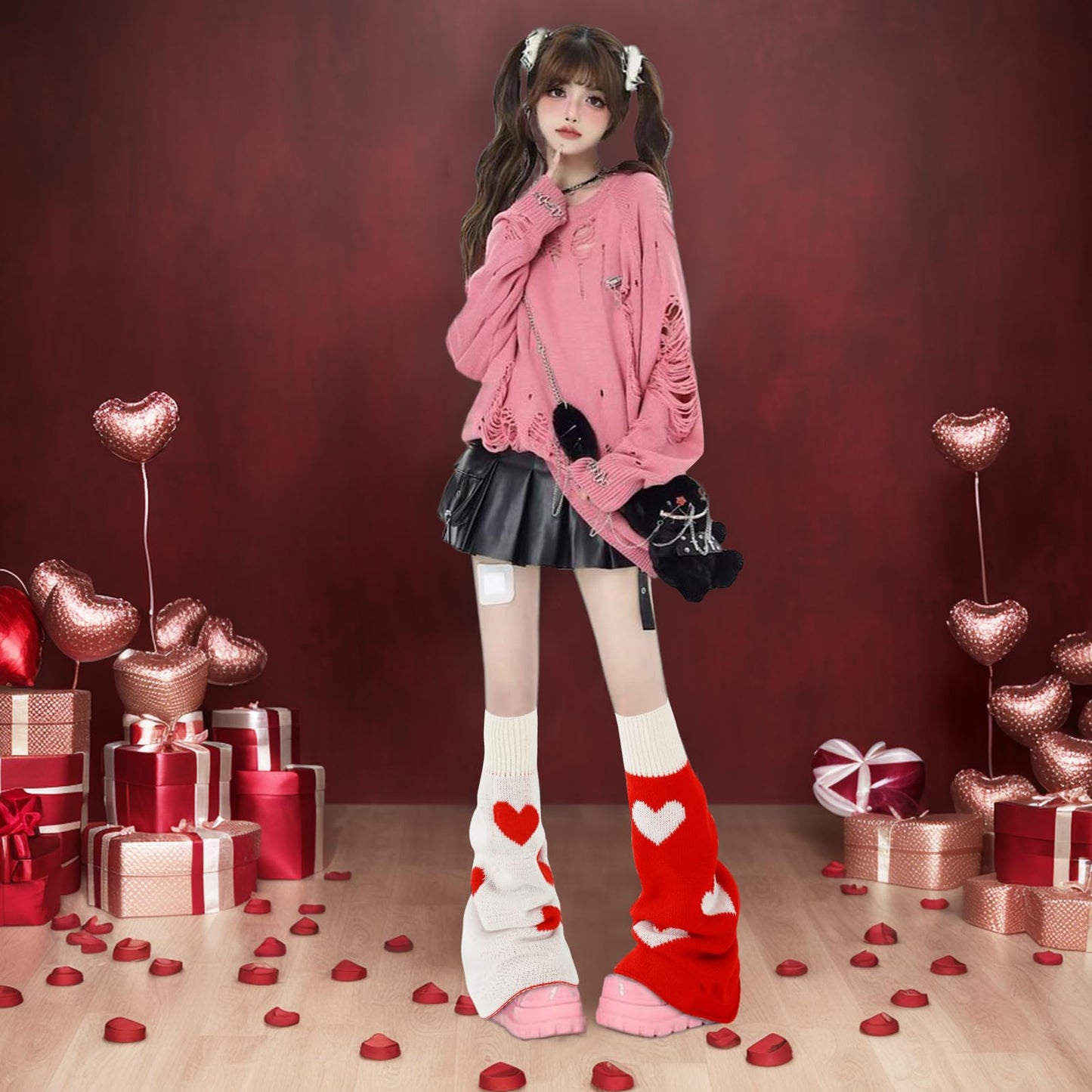 Junely Leg Warmers for Women Winter Kawaii Leg Warmer Cute Heart Legwarmers Japanese Socks Valentines Day Halloween Emo Lolita Gyaru Harajuku Accessories Red