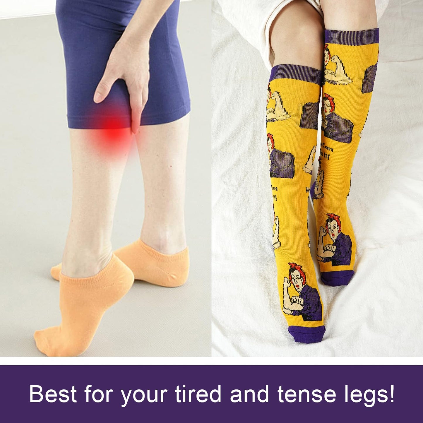 Junely Compression Socks for Women Funny Knee High Stockings for Running Athletic Nurses Pregnant Women Work Support Travel Flight Sports Fun Gifts Yellow