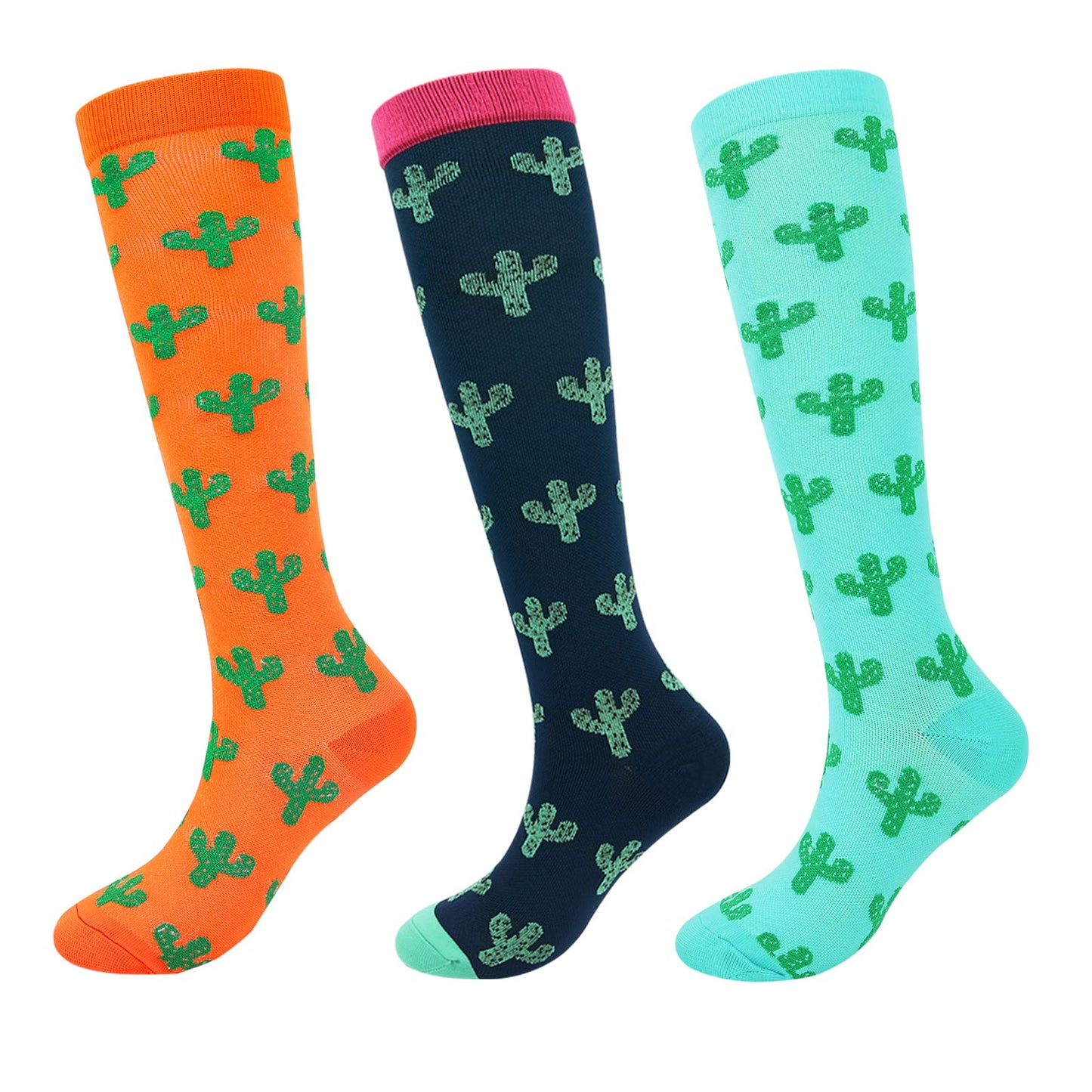 Junely Compression Socks for Women Cactus Knee High Socks for Running Athletic Nurses Pregnant Women Work Support Travel Flight Sports Fall Orange Black Blue