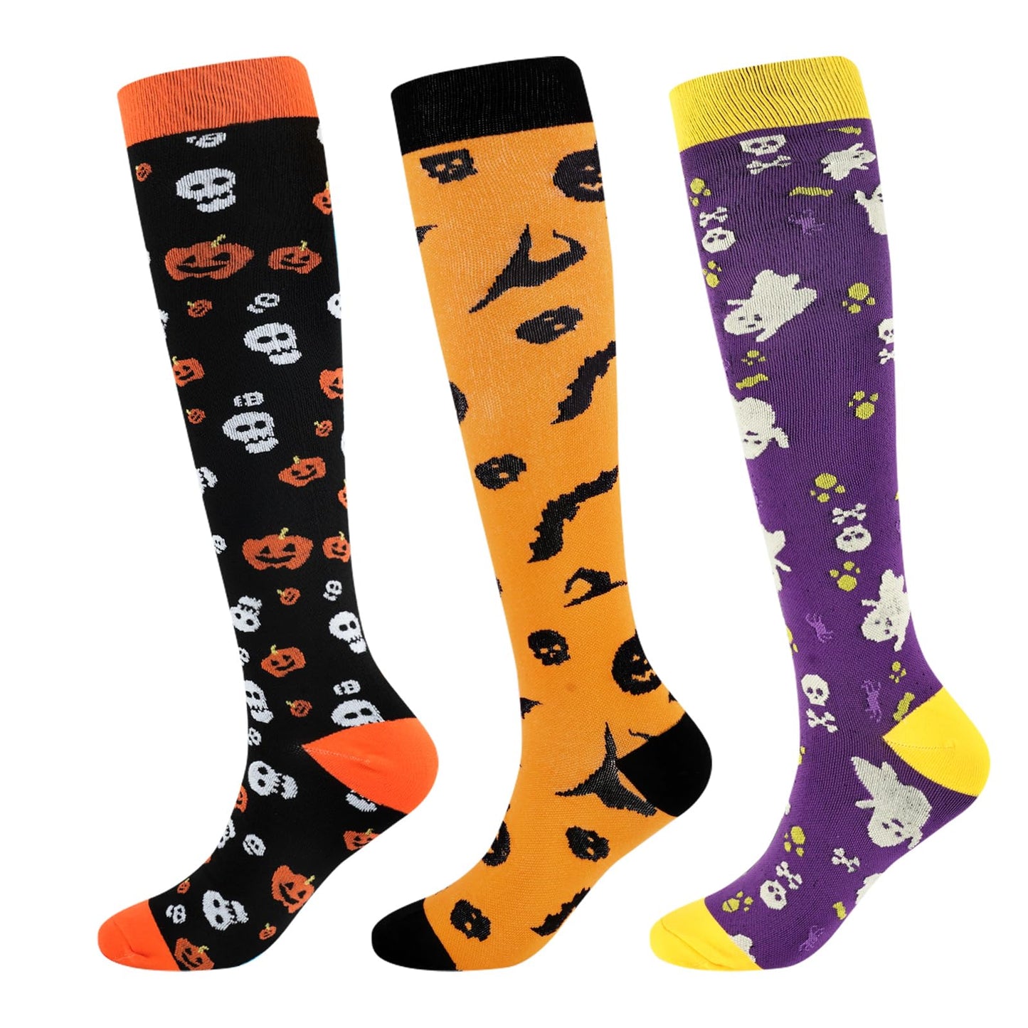 Junely Halloween Compression Socks for Women Knee High Stockings for Running Athletic Nurses Pregnant Women Work Support Travel Flight Sports Gifts Orange Black Purple