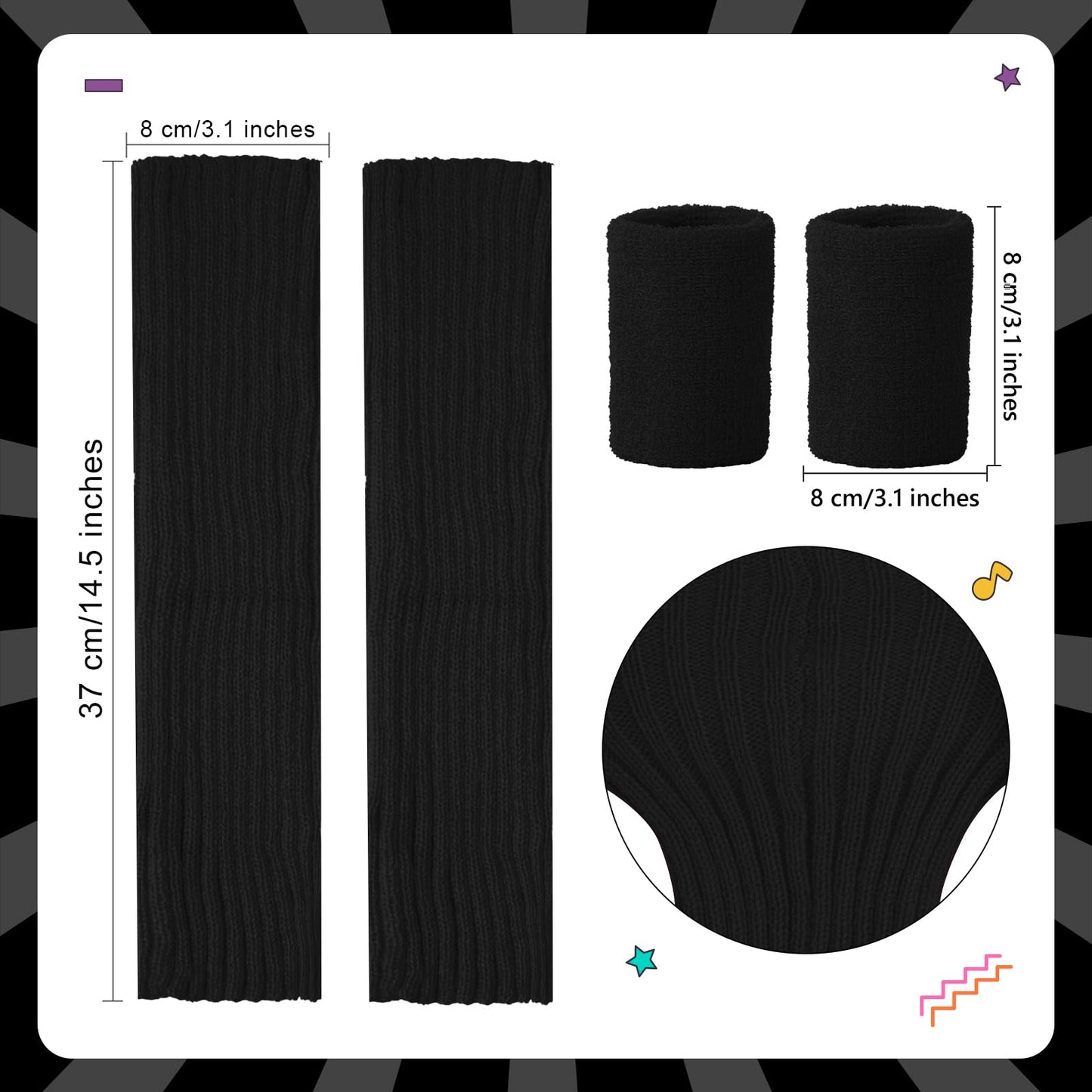 Junely 80s Accessories for Women Neon Leg Warmers Headband and Wristbands Set Knit Legwarmers for Ballet Dance Figure Skating Ice Skating Boot Black