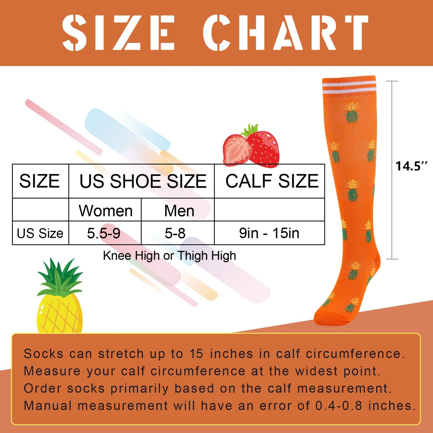 Junely Compression Socks for Women Fruit Knee High Stockings with Cherry Pineapple Avocado for Running Nurses Support Travel Pregnancy Gifts Black Blue Orange