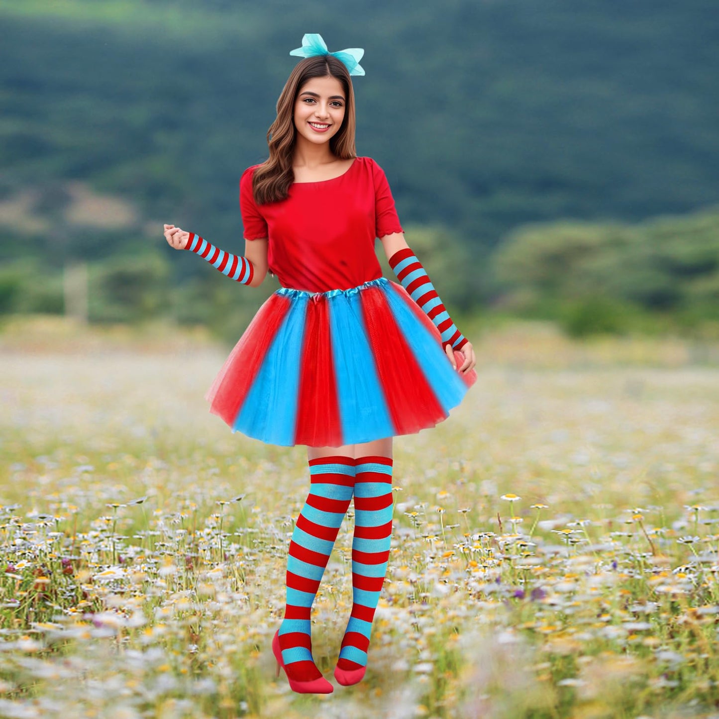 Junely Red and Blue Striped Thigh High Socks Over the Knee Stockings Extra Long Gifts Halloween Cosplay Costumes Accessories Gifts
