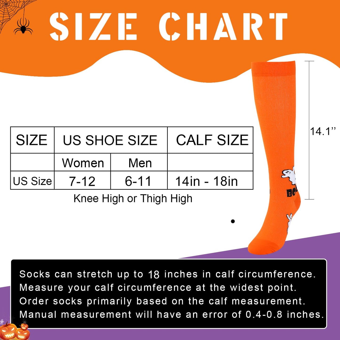 Junely Halloween Compression Socks for Women Knee High Witch Ghost Socks for Running Athletic Nurses Pregnant Women Work Support Travel Flight Sports Gifts Orange Purple Black