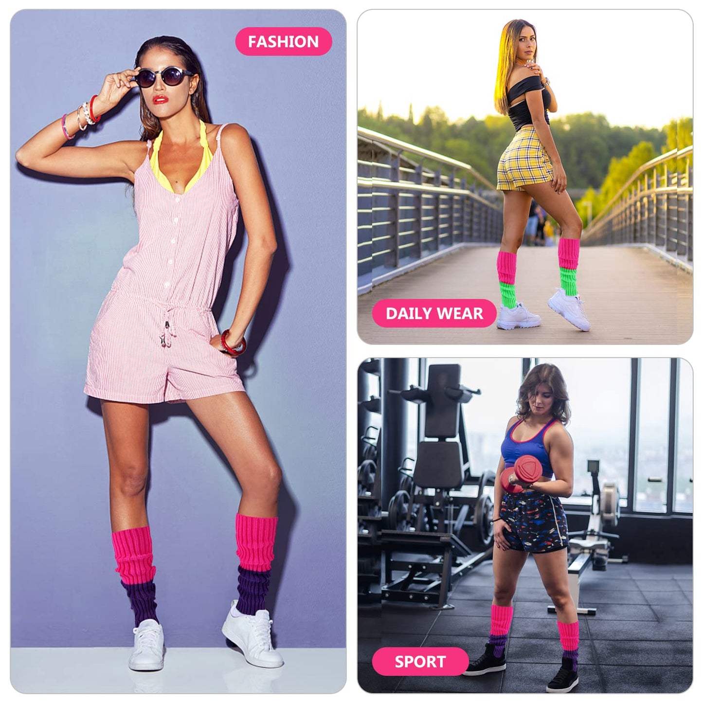 Junely Leg Warmers 80s Leg Warmer Knit Legwarmers Neon for Mardi Gras Ballet Dance Figure Skating Ice Skating Boot Pink Green Purple