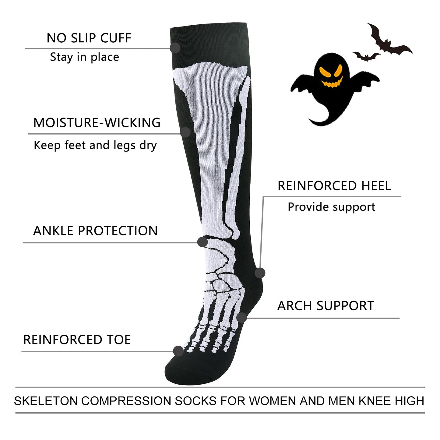 Junely Halloween Compression Socks for Women 20-30 mmhg Skeleton Knee High Socks for Running Athletic Nurses Pregnant Women Work Support Travel Flight Sports Gifts Black