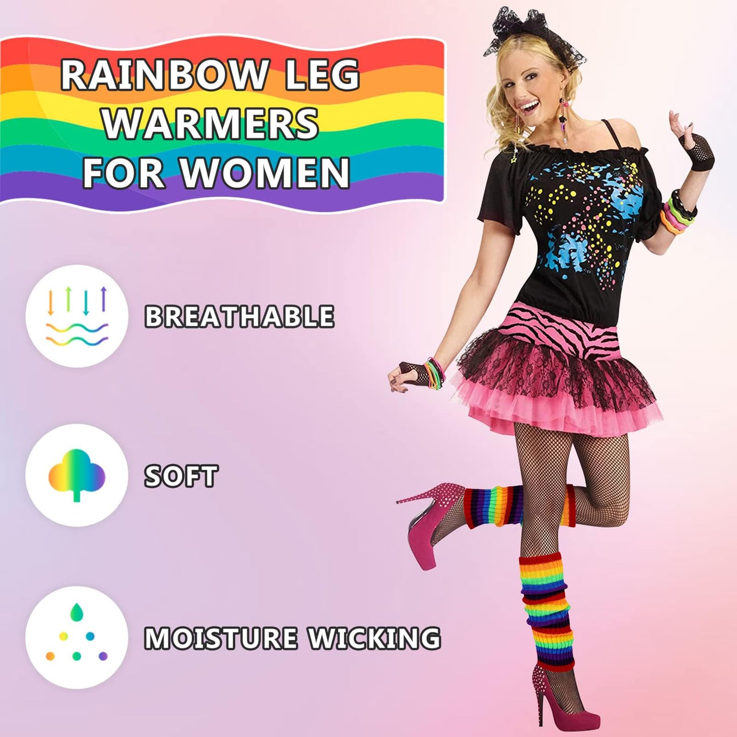 Junely Leg Warmers 80s Neon Leg Warmer Knit Legwarmers for 80s Party Halloween Ballet Dance Figure Skating Ice Skating Rainbow