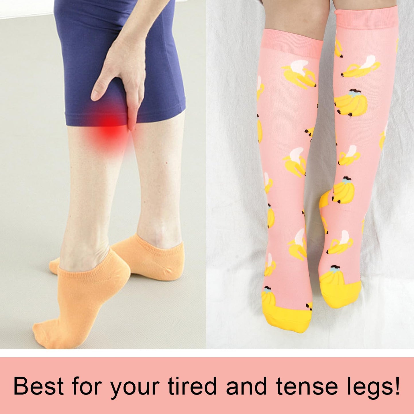 Junely Compression Socks for Women Knee High Banana Cherry Pear Stockings for Running Athletic Nurses Pregnant Women Work Support Travel Flight Sports Pink Blue Yellow